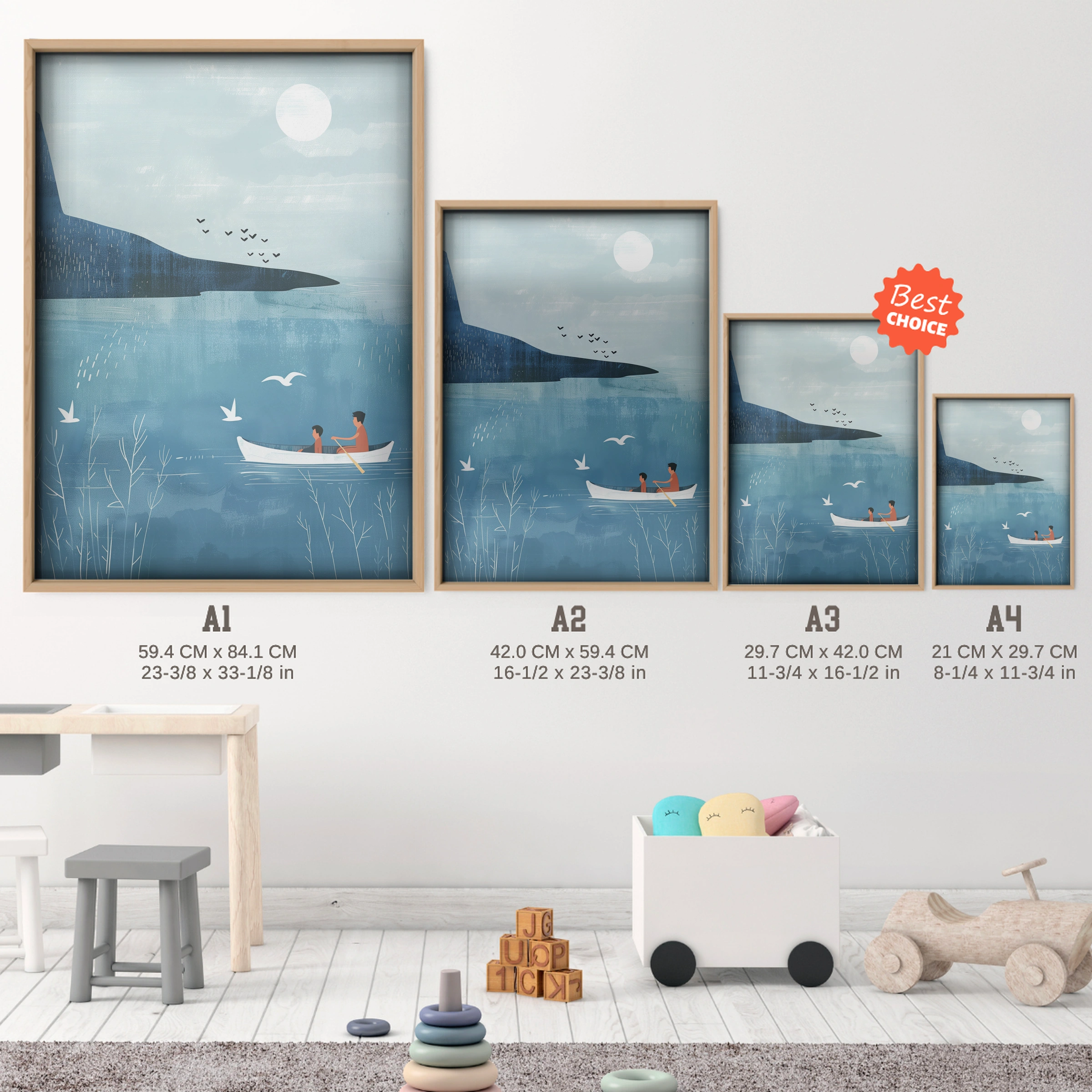 Airplane Over the Sea Nursery Print - size guide A4 A3 A2 A1 nursery print