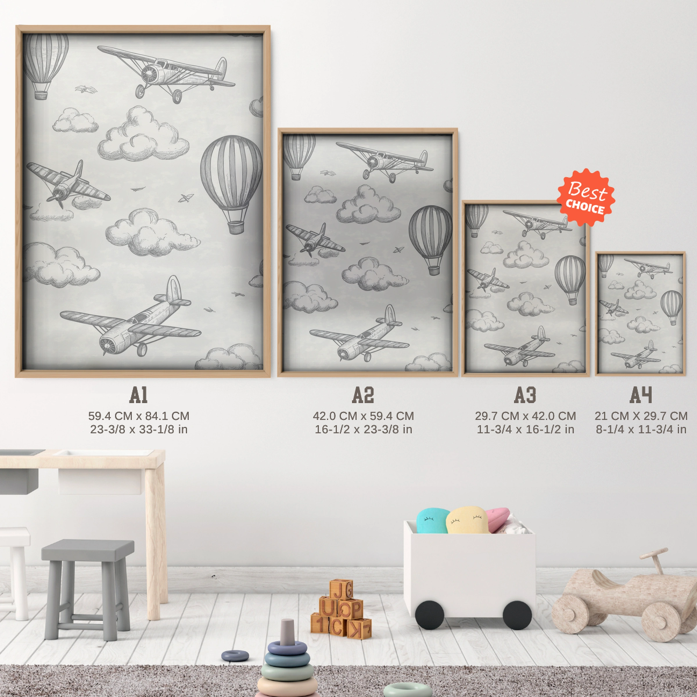 Airplanes and Balloons Nursery Print - size guide A4 A3 A2 A1 nursery print