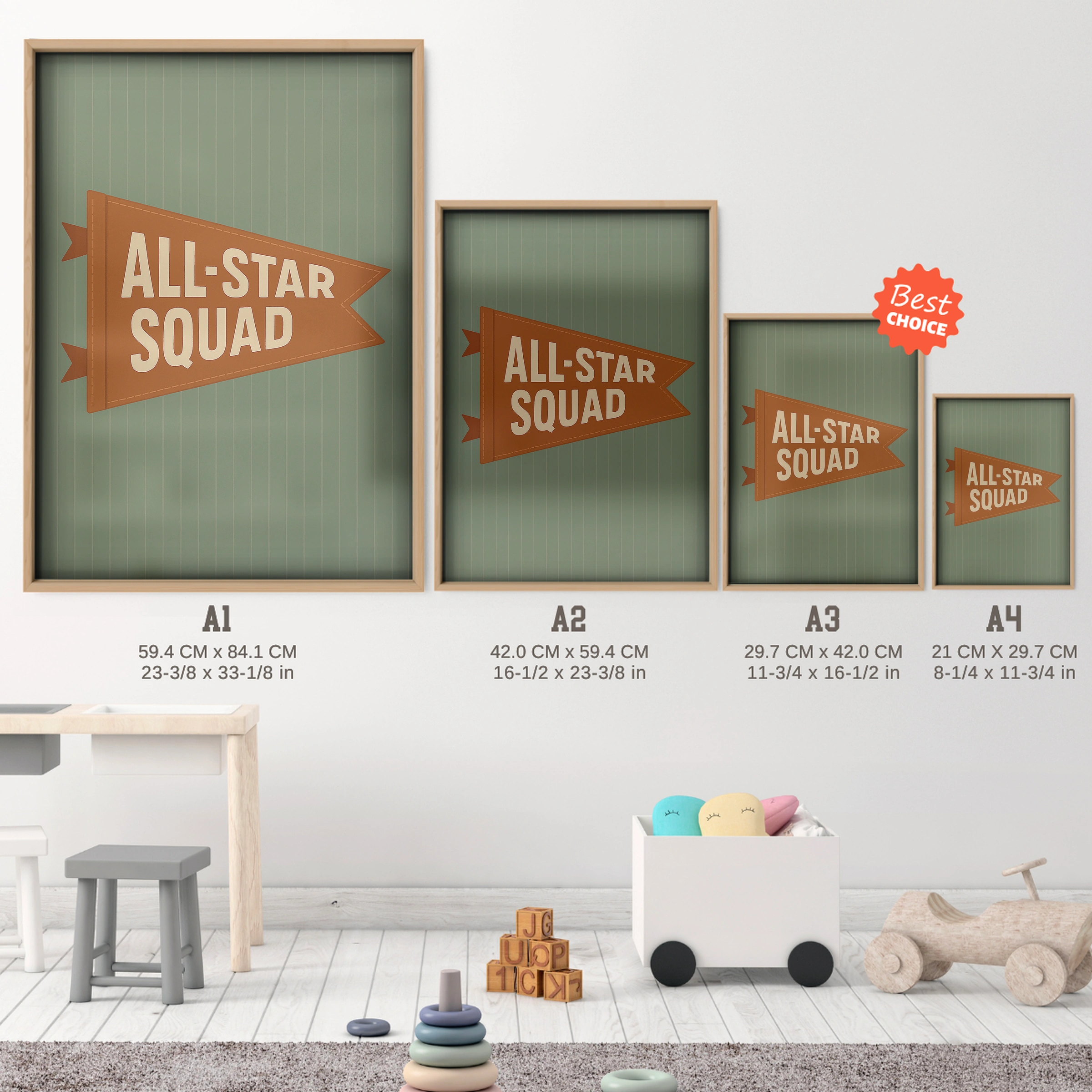 All Star Squad Pennant Nursery Print - size guide A4 A3 A2 A1 nursery print