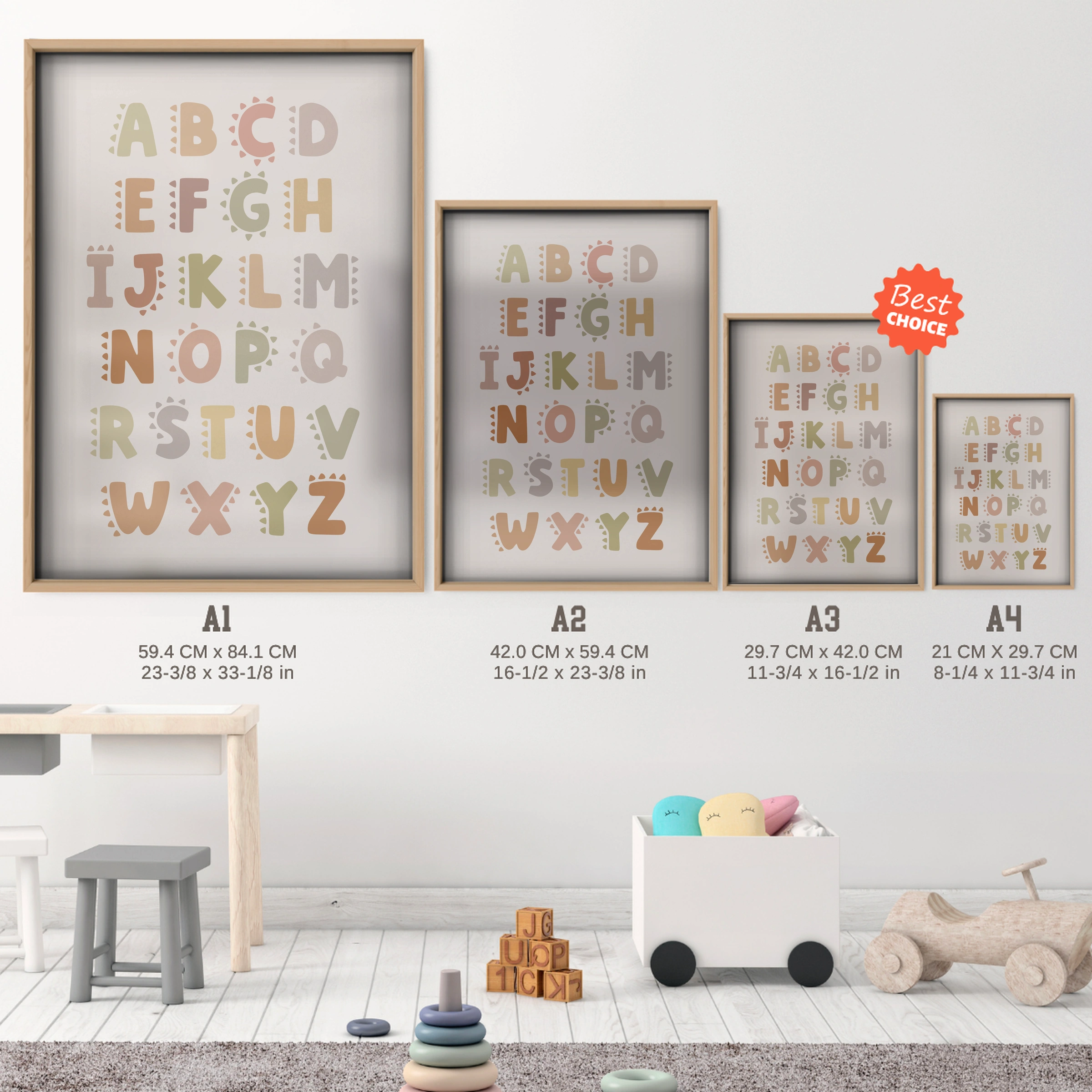 Alphabet ABC Nursery Print - size guide A4 A3 A2 A1 nursery print