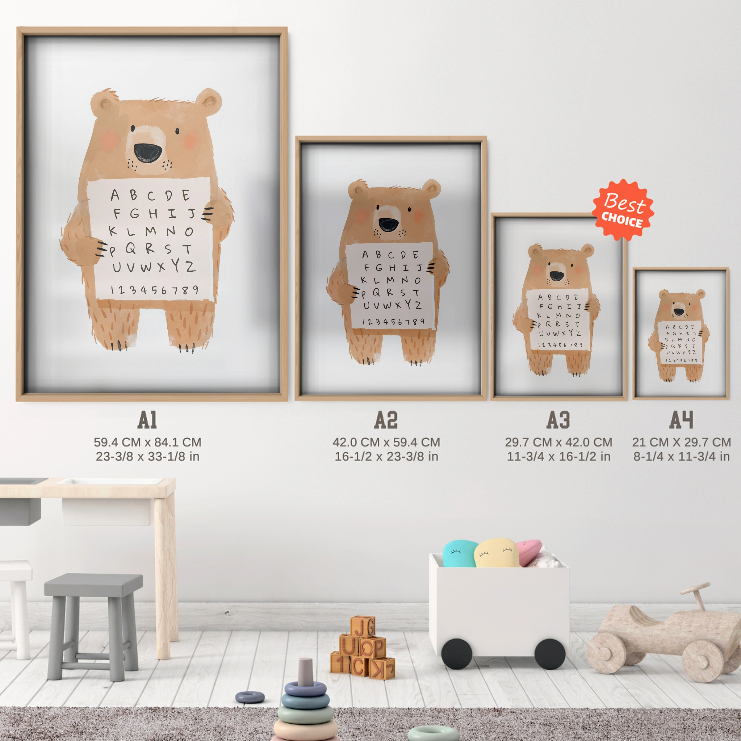Alphabet Bear Nursery Print - size guide A4 A3 A2 A1 nursery print