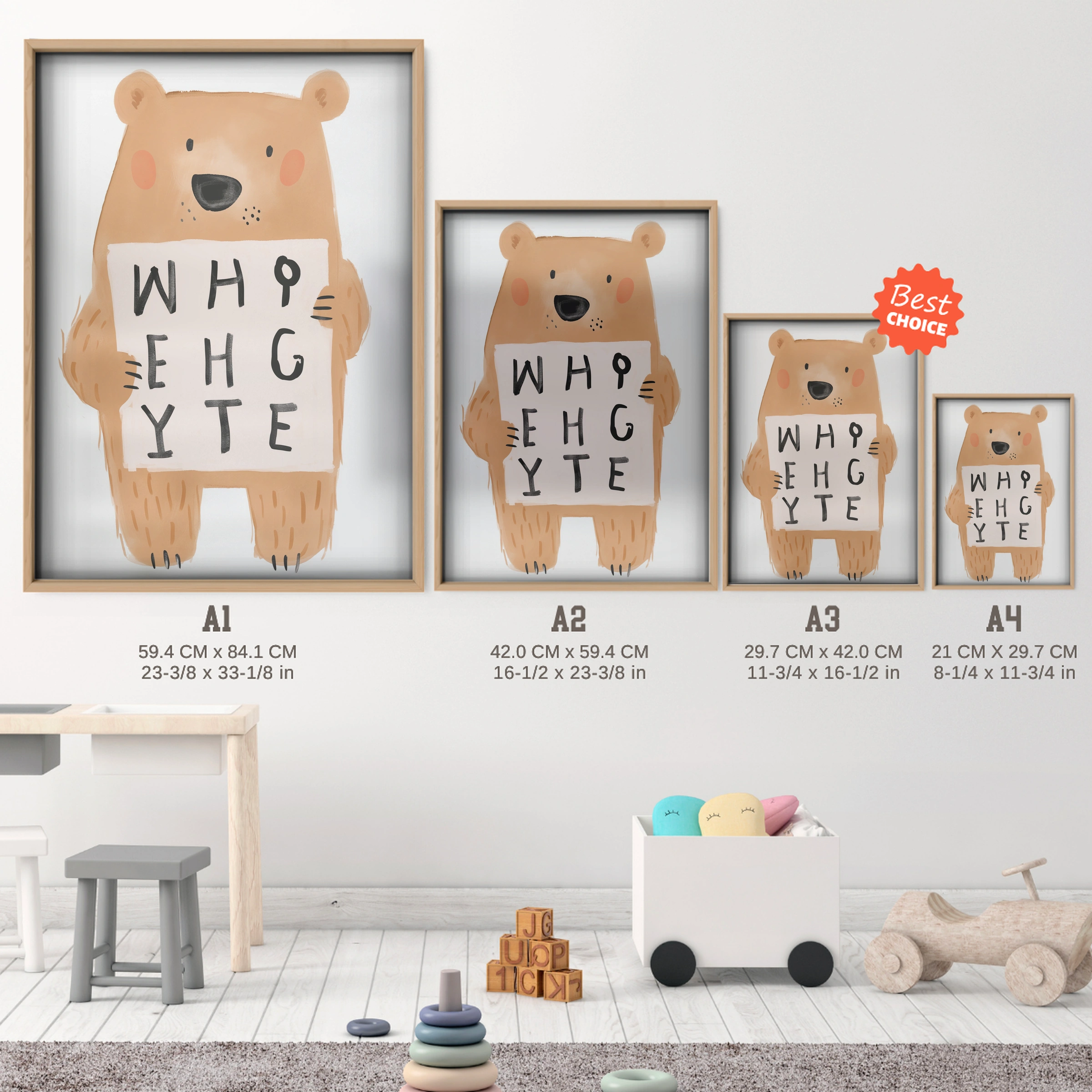Alphabet Bear Two Nursery Print - size guide A4 A3 A2 A1 nursery print