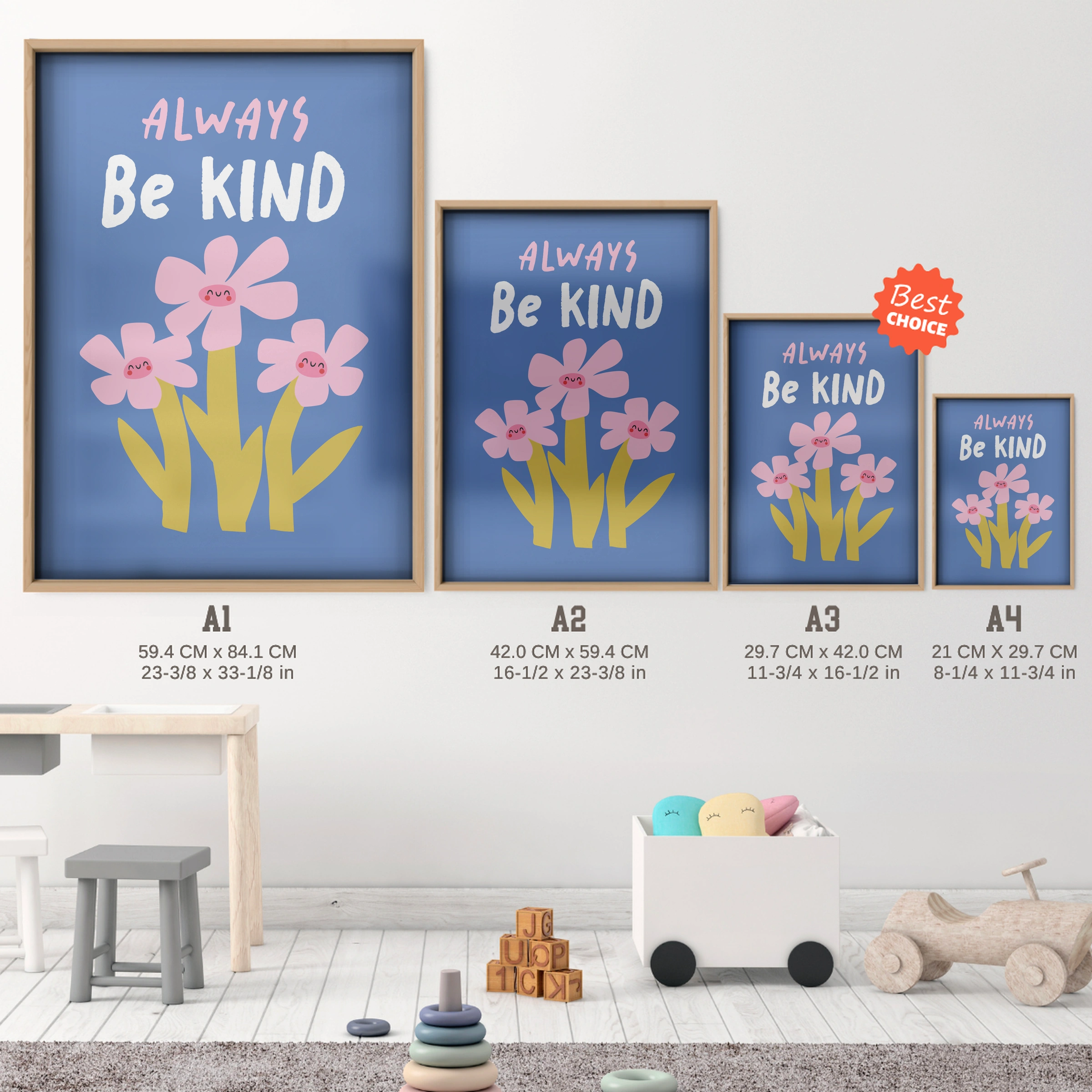Always Be Kind Nursery Print - size guide A4 A3 A2 A1 nursery print