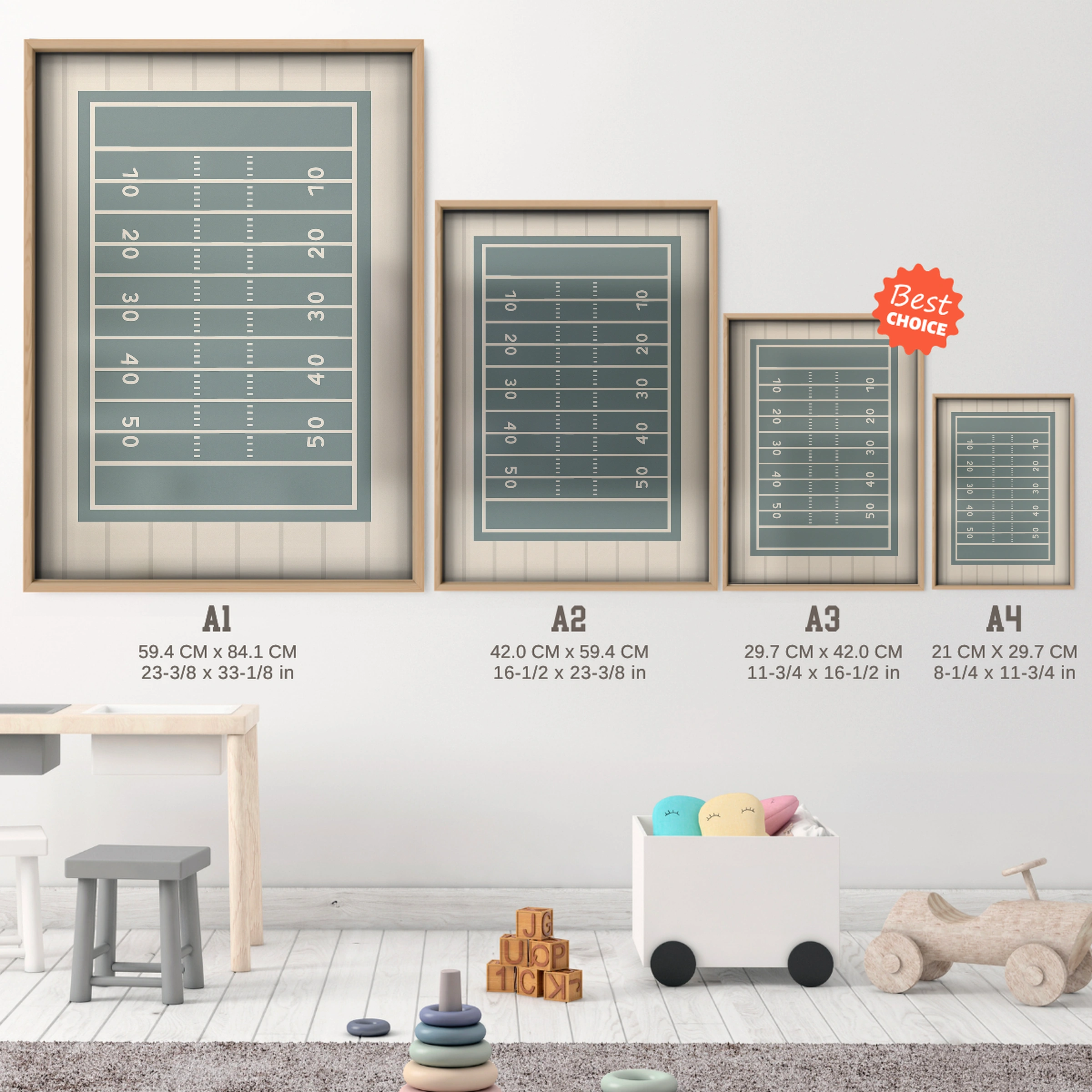 American Football Field Nursery Print - size guide A4 A3 A2 A1 nursery print
