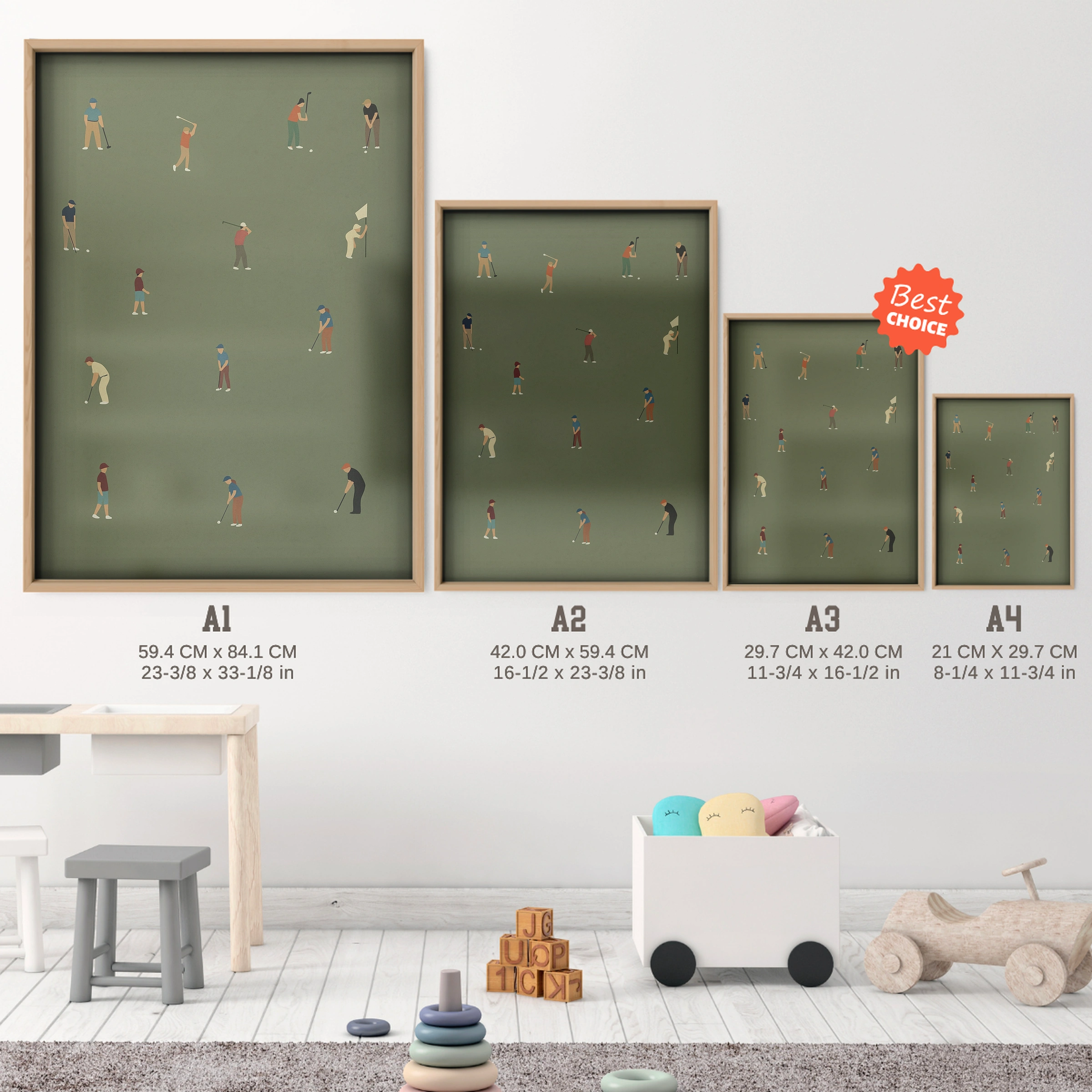 Animal Golfers Nursery Print - size guide A4 A3 A2 A1 nursery print