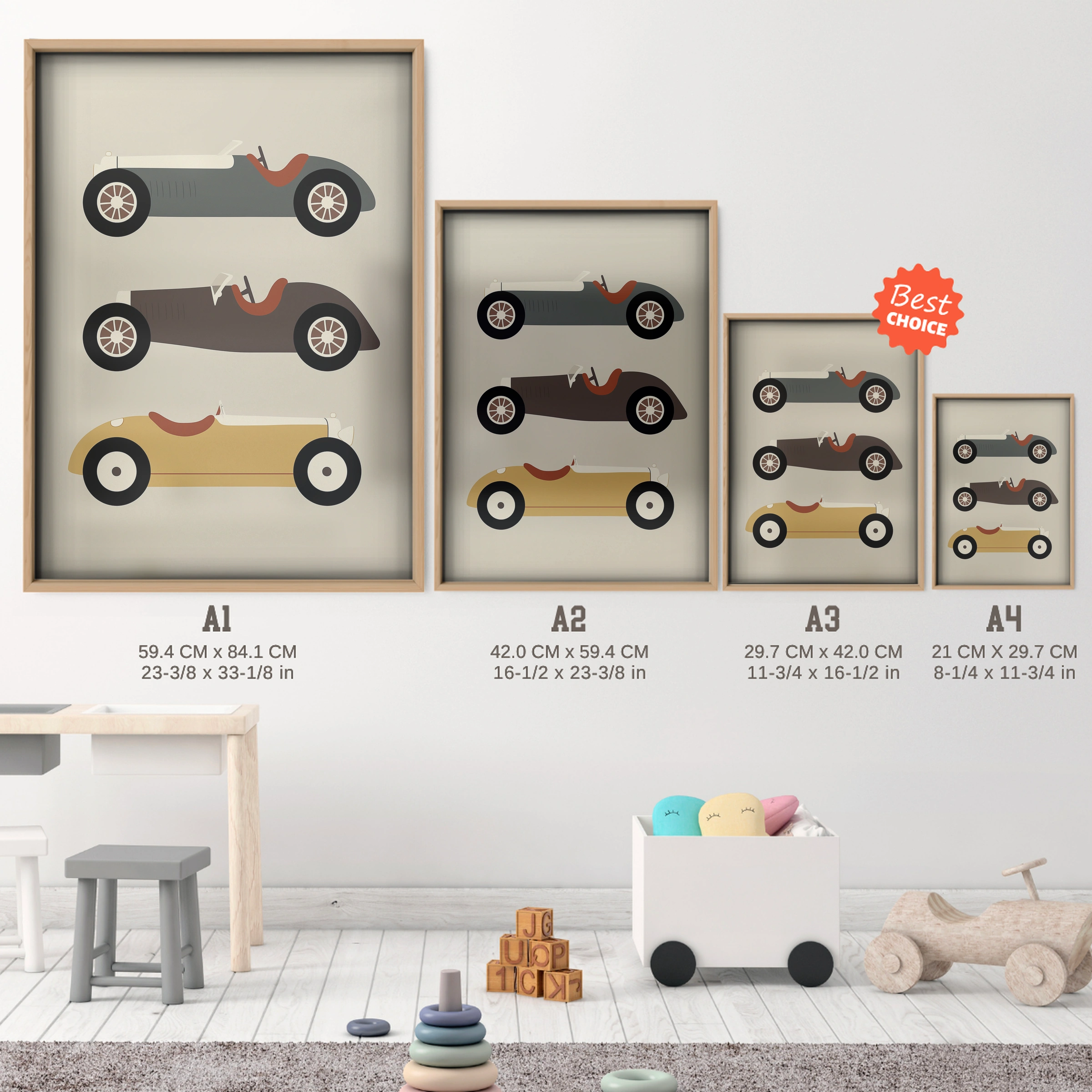 Antique Race Cars Nursery Print - size guide A4 A3 A2 A1 nursery print