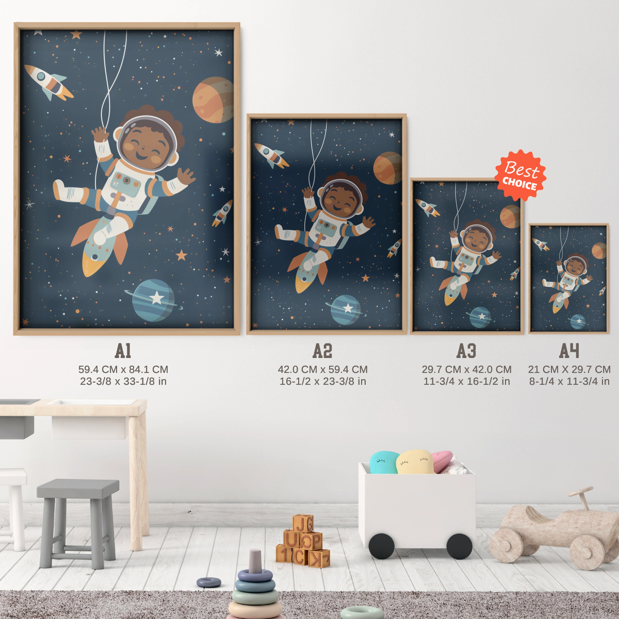 Astronaut Adventure Nursery Print - size guide A4 A3 A2 A1 nursery print