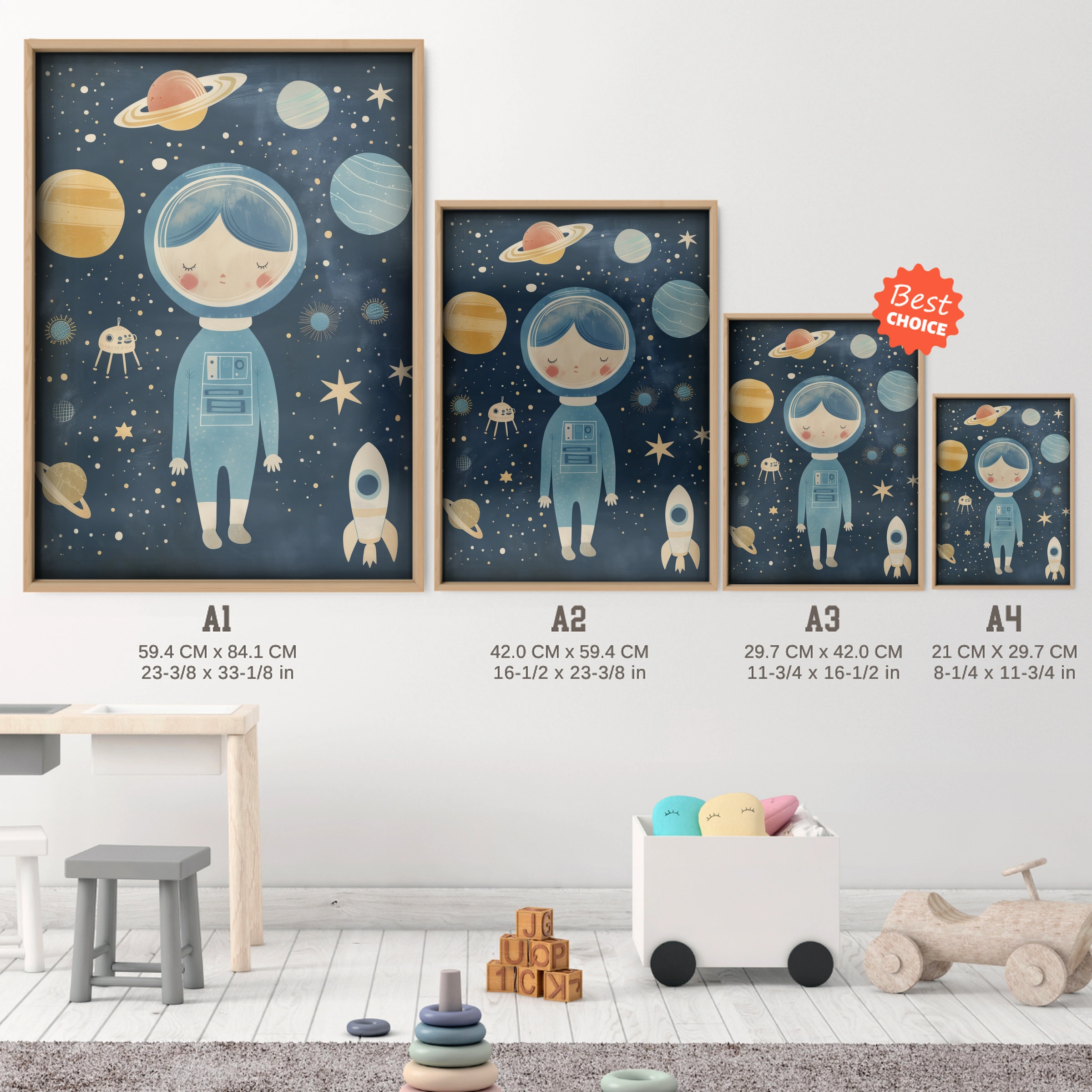 Astronaut Among Planets Nursery Print - size guide A4 A3 A2 A1 nursery print