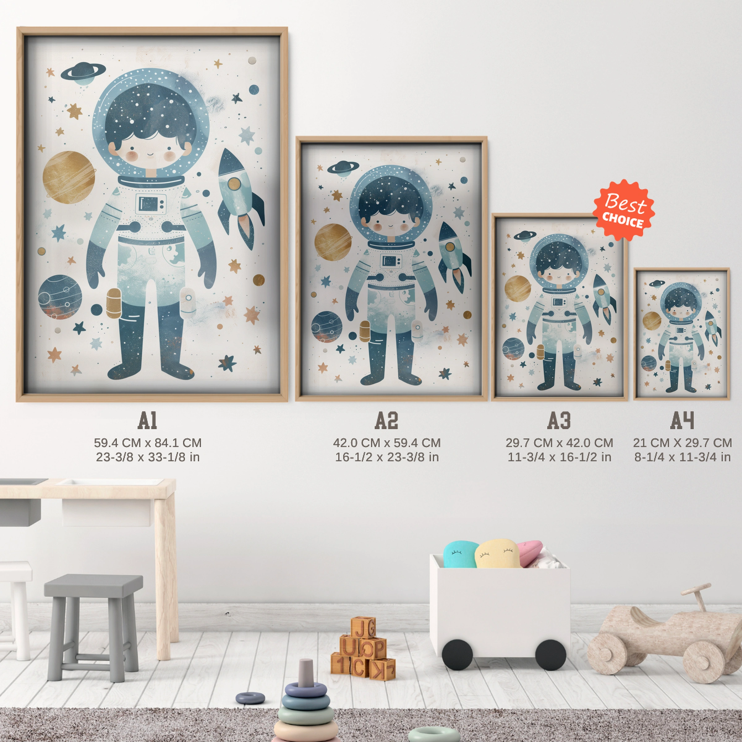 Astronaut and Rocket Nursery Print - size guide A4 A3 A2 A1 nursery print