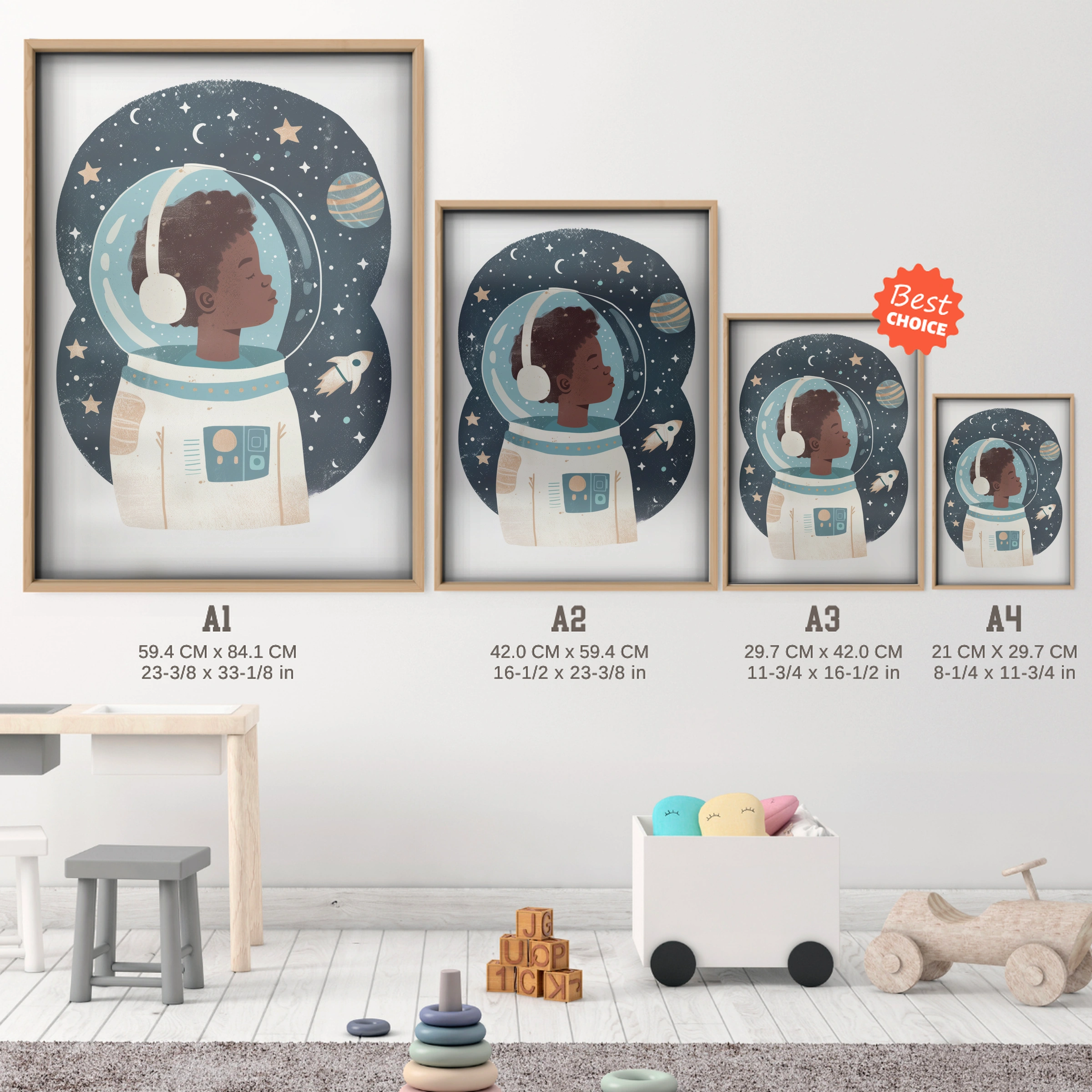 Astronaut Boy Nursery Print - size guide A4 A3 A2 A1 nursery print