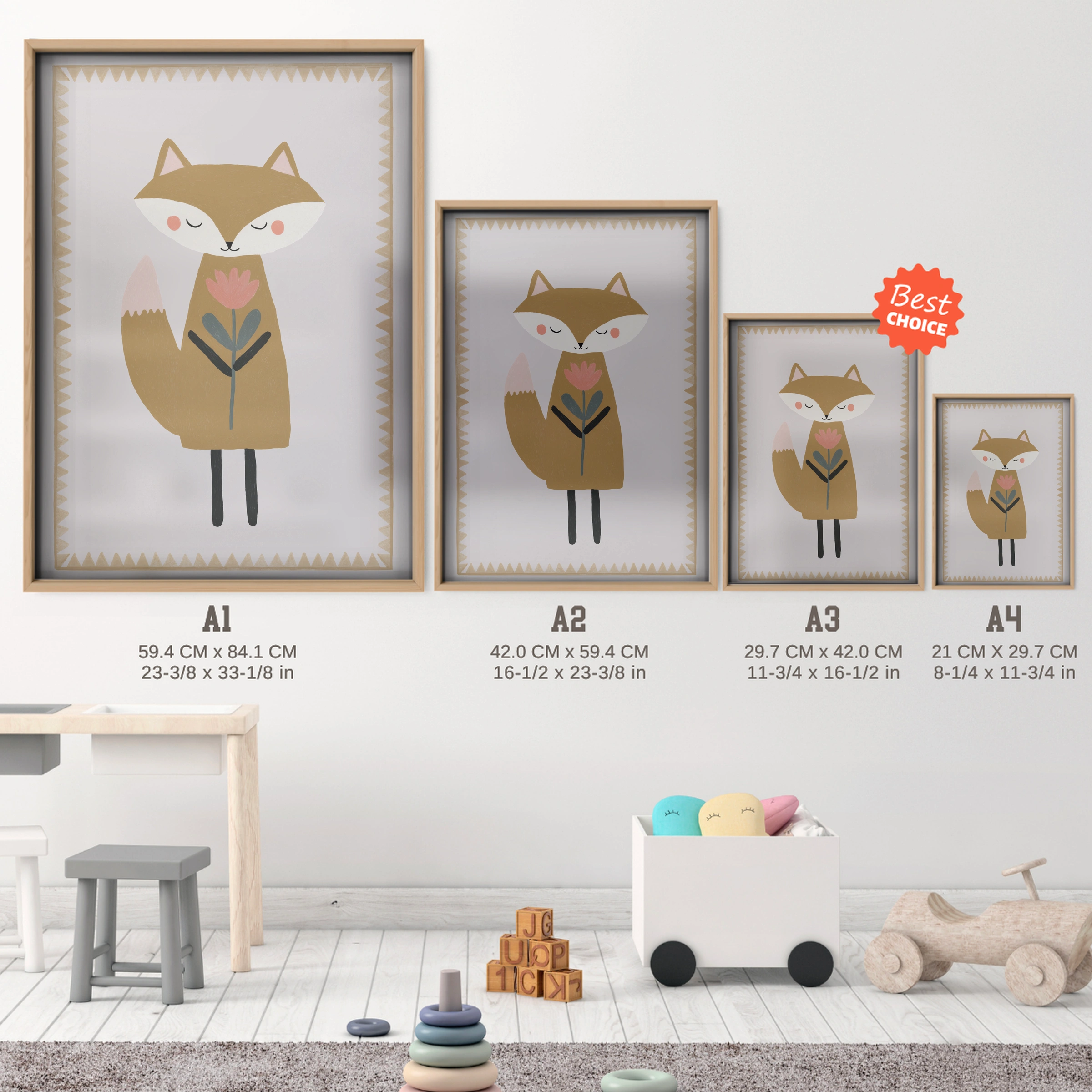 Autumn Fox Nursery Print - size guide A4 A3 A2 A1 nursery print