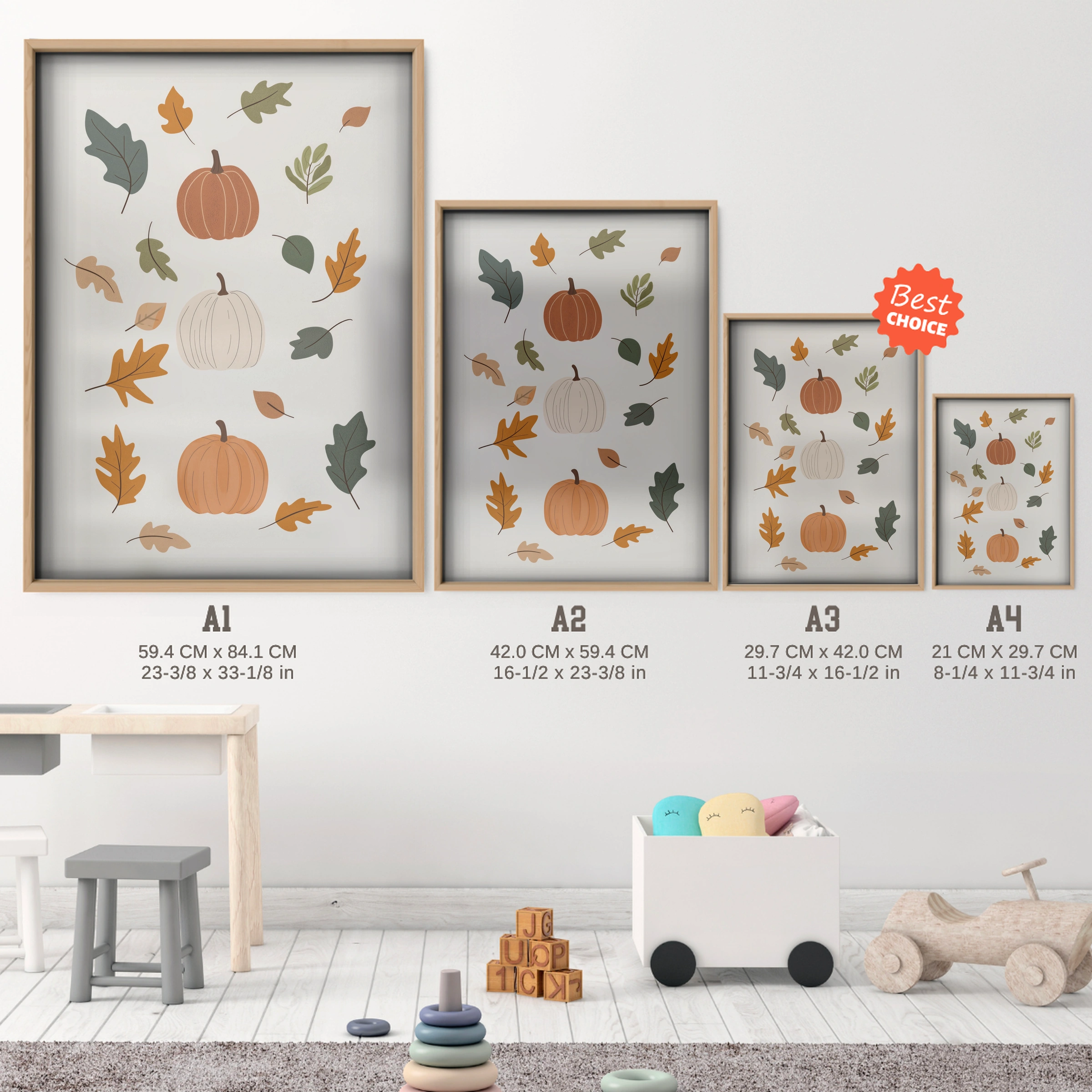 Autumn Pumpkins Nursery Print - size guide A4 A3 A2 A1 nursery print