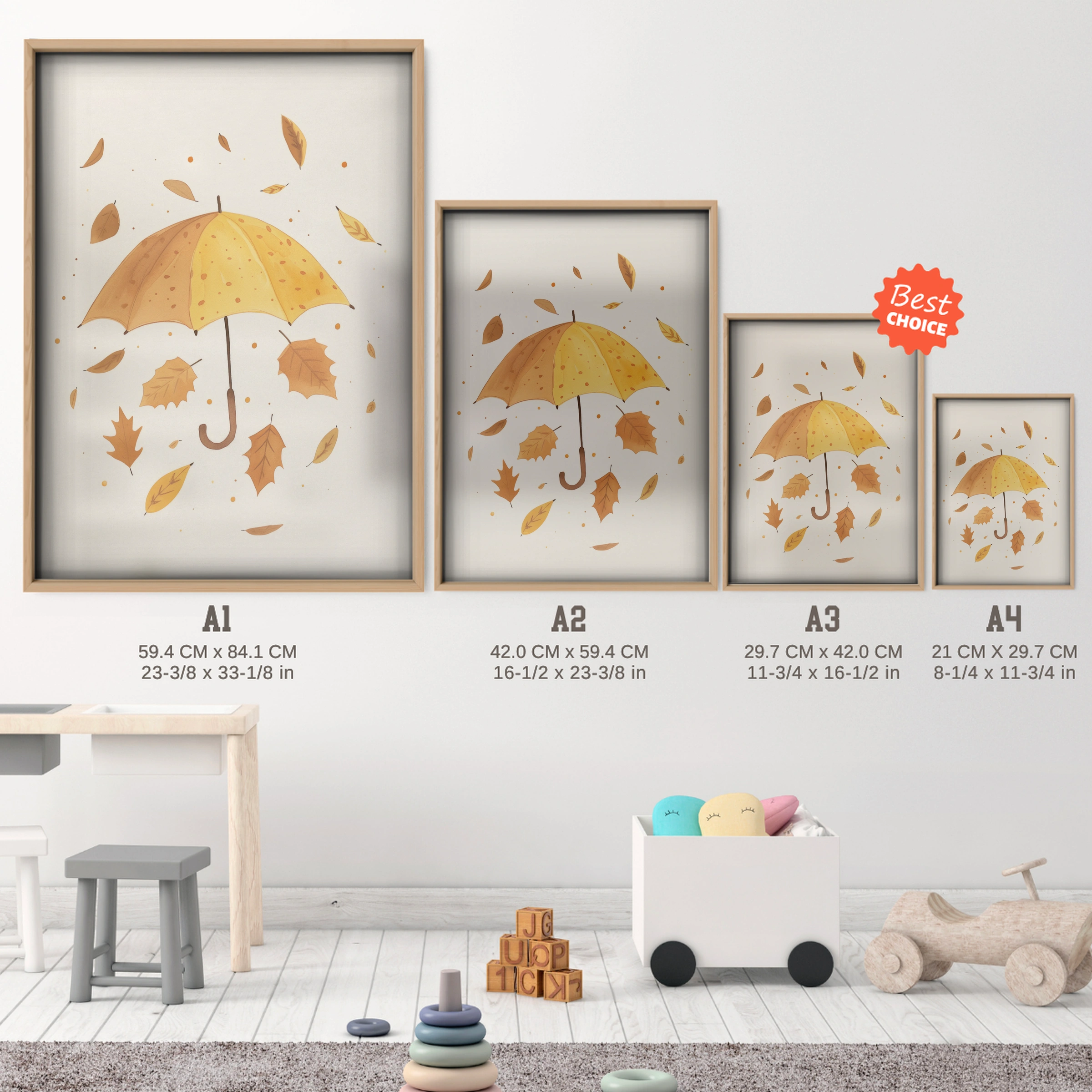 Autumn Umbrella Nursery Print - size guide A4 A3 A2 A1 nursery print
