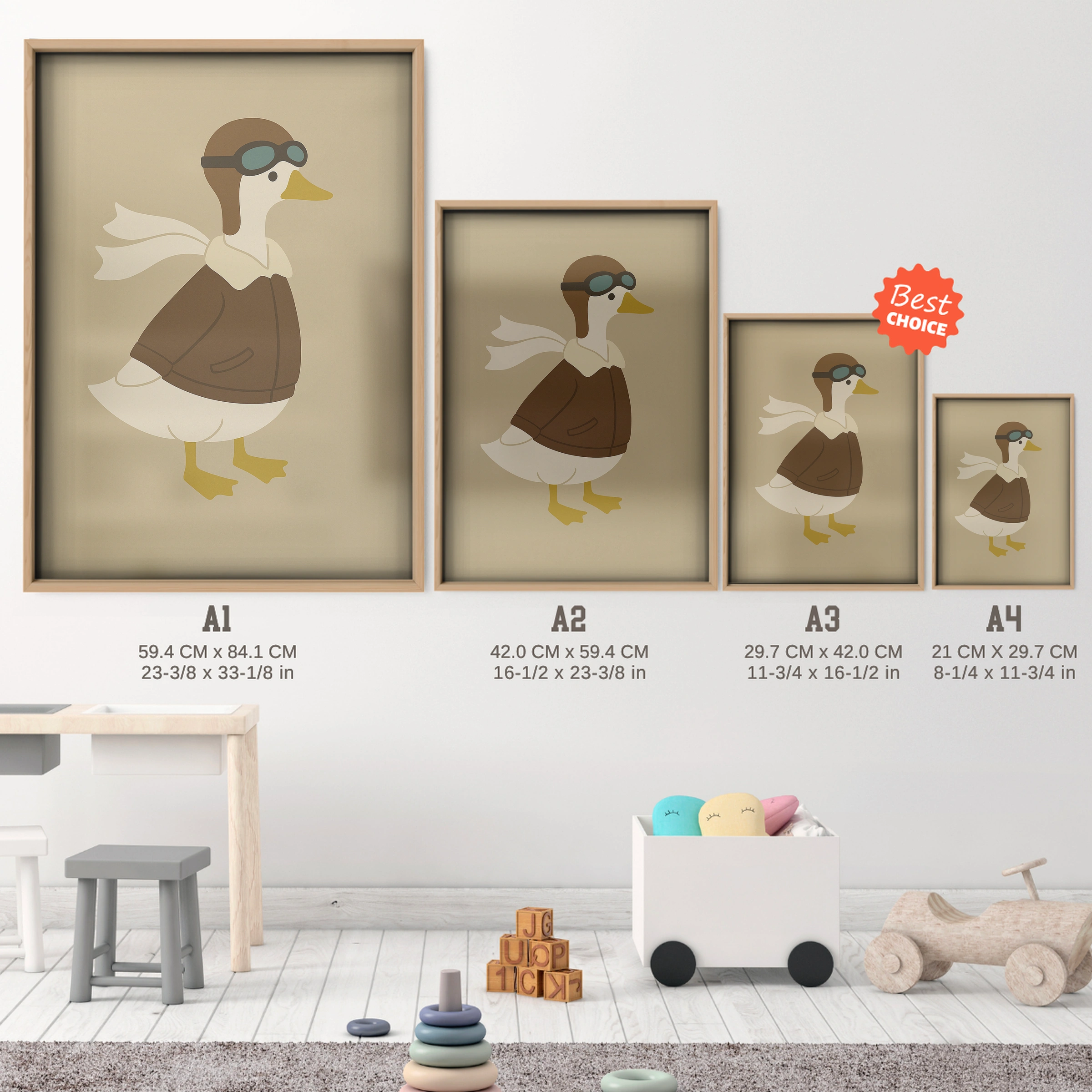 Aviator Goose Nursery Print - size guide A4 A3 A2 A1 nursery print