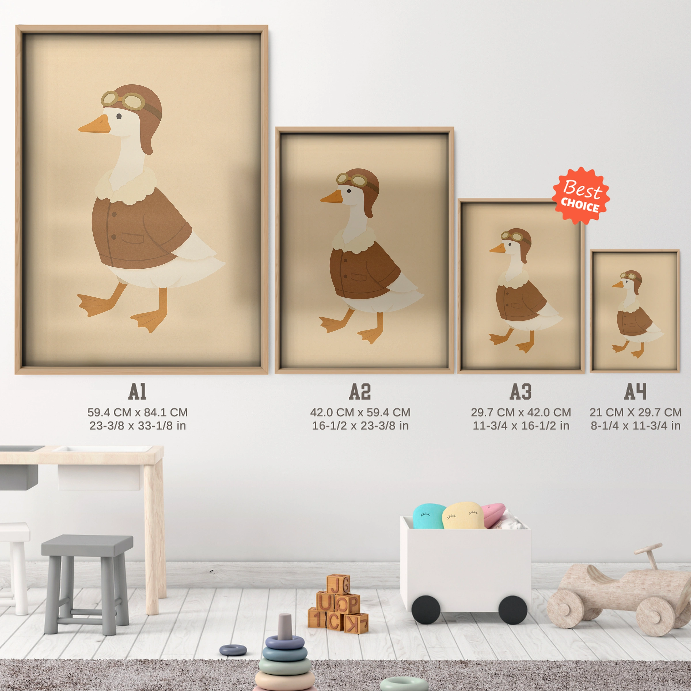 Aviator Goose Portrait Nursery Print - size guide A4 A3 A2 A1 nursery print
