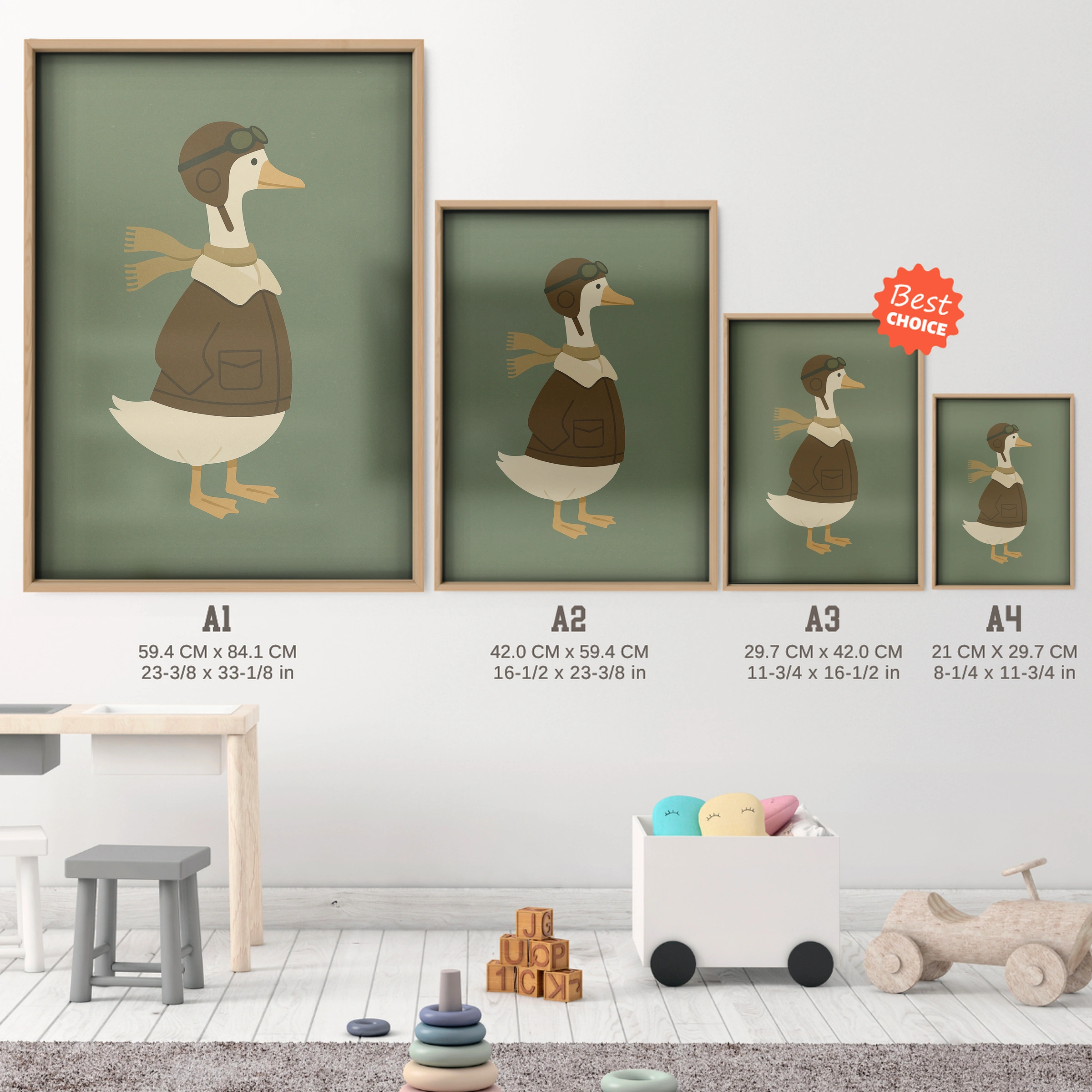 Aviator Goose Two Nursery Print - size guide A4 A3 A2 A1 nursery print