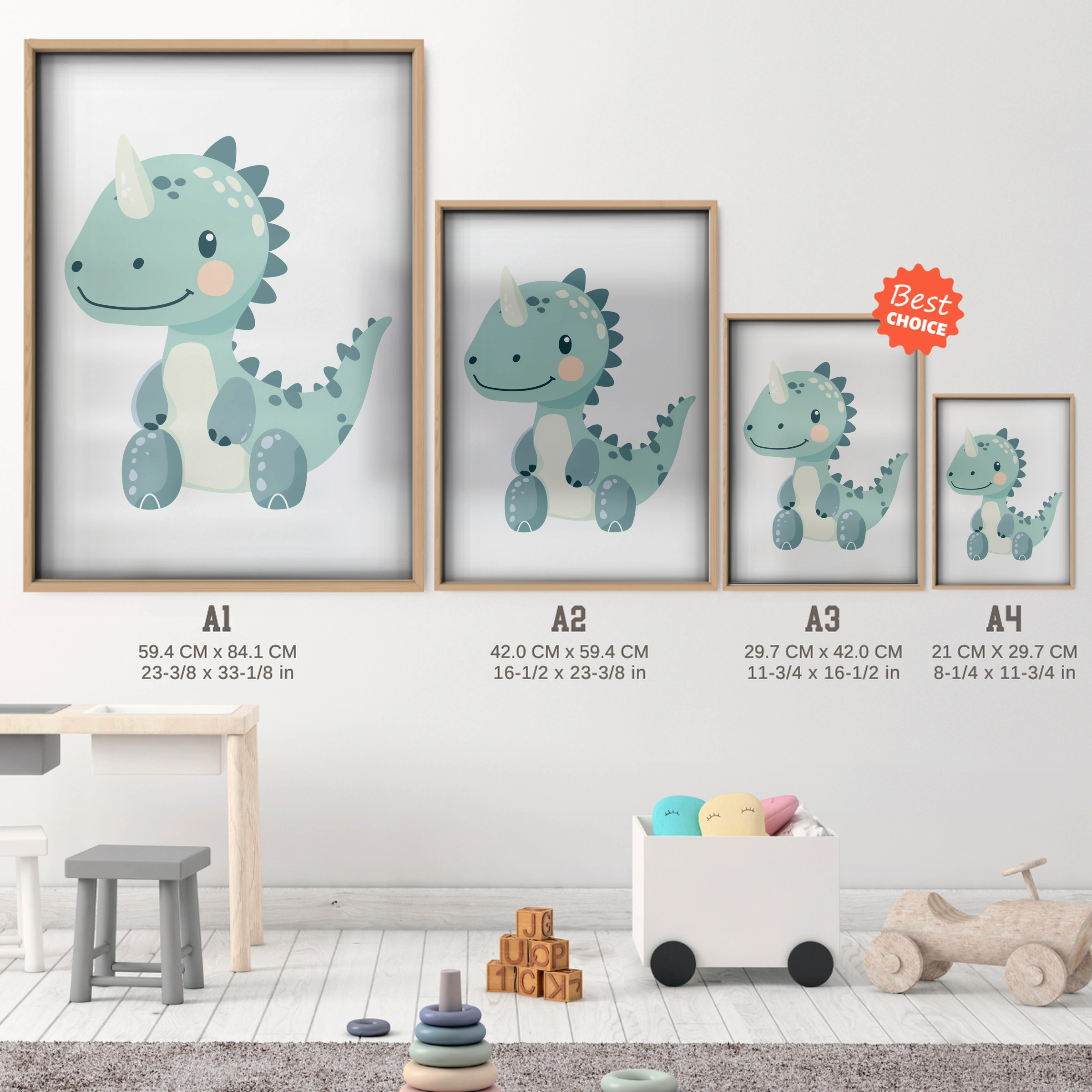 Baby Dino Nursery Print - size guide A4 A3 A2 A1 nursery print