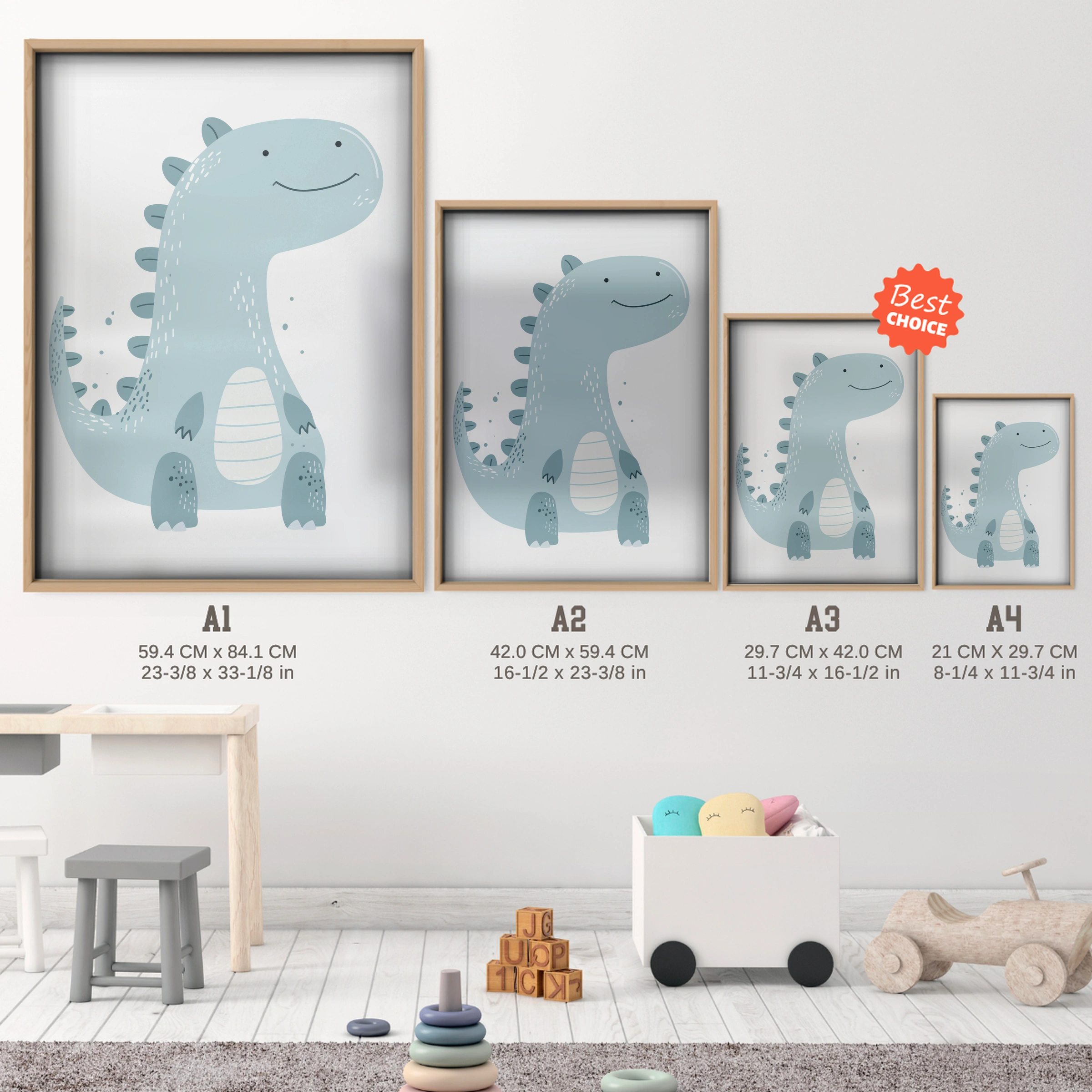 Baby Dinosaur Nursery Print - size guide A4 A3 A2 A1 nursery print