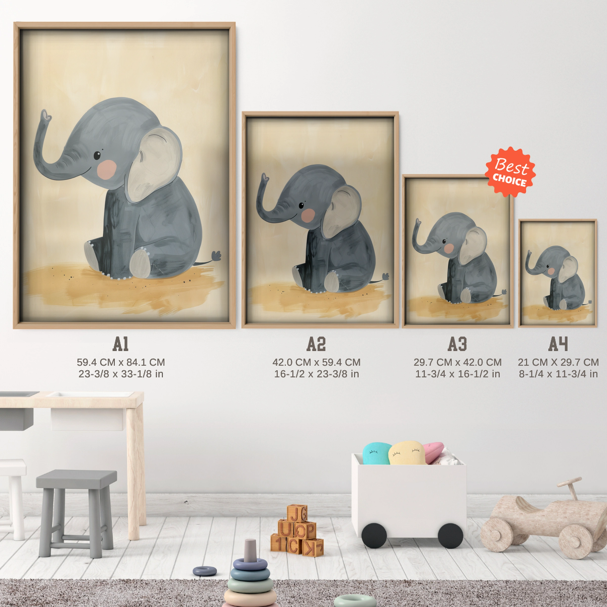 Baby Elephant Nursery Print - size guide A4 A3 A2 A1 nursery print