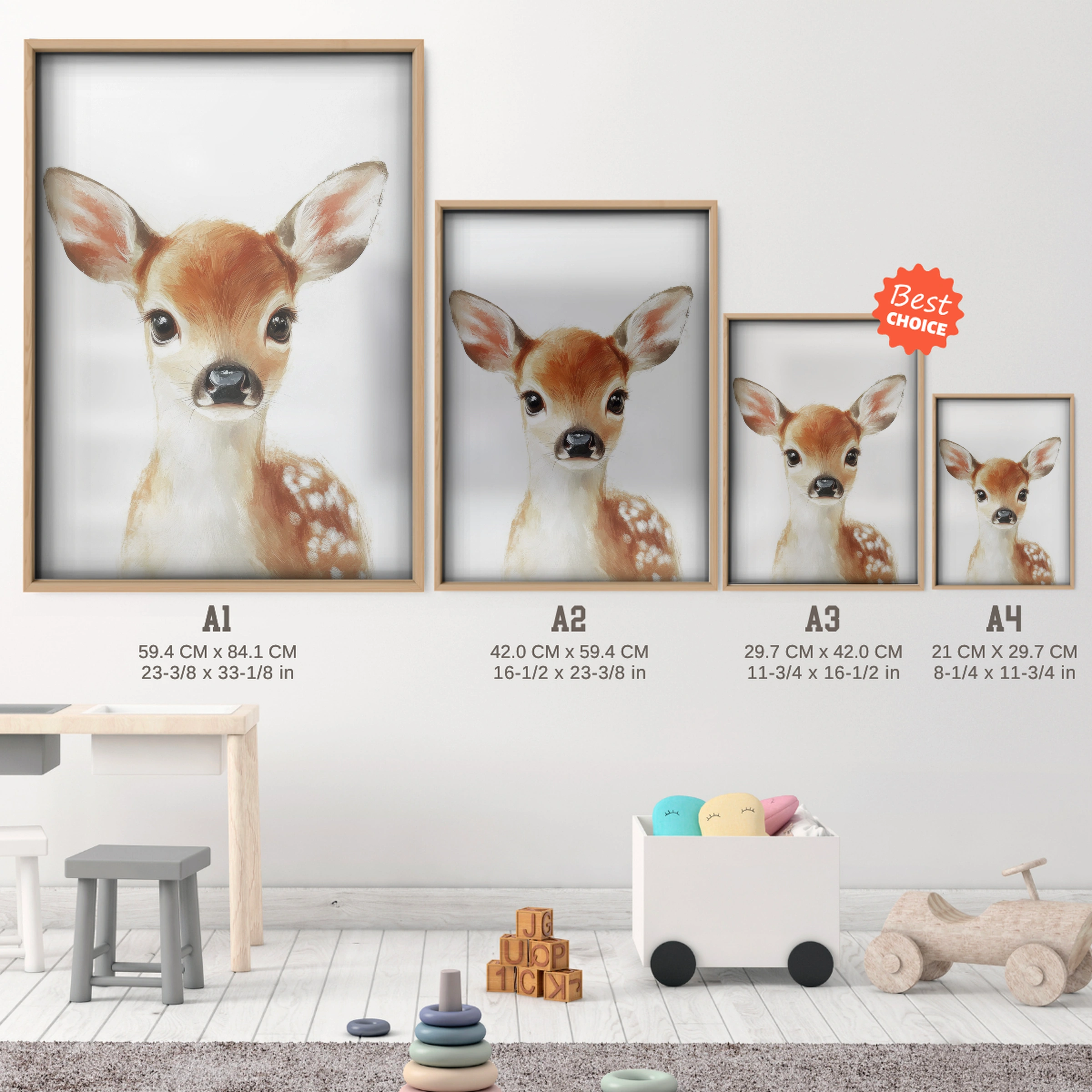 Baby Fawn Nursery Print - size guide A4 A3 A2 A1 nursery print