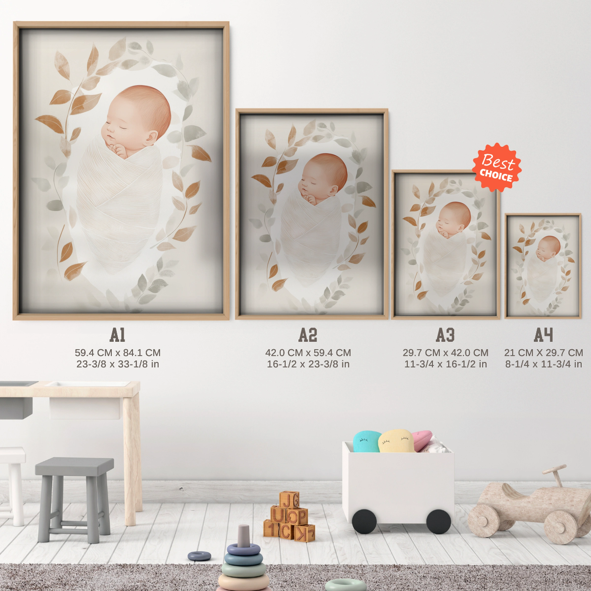 Baby in a Wreath Nursery Print - size guide A4 A3 A2 A1 nursery print
