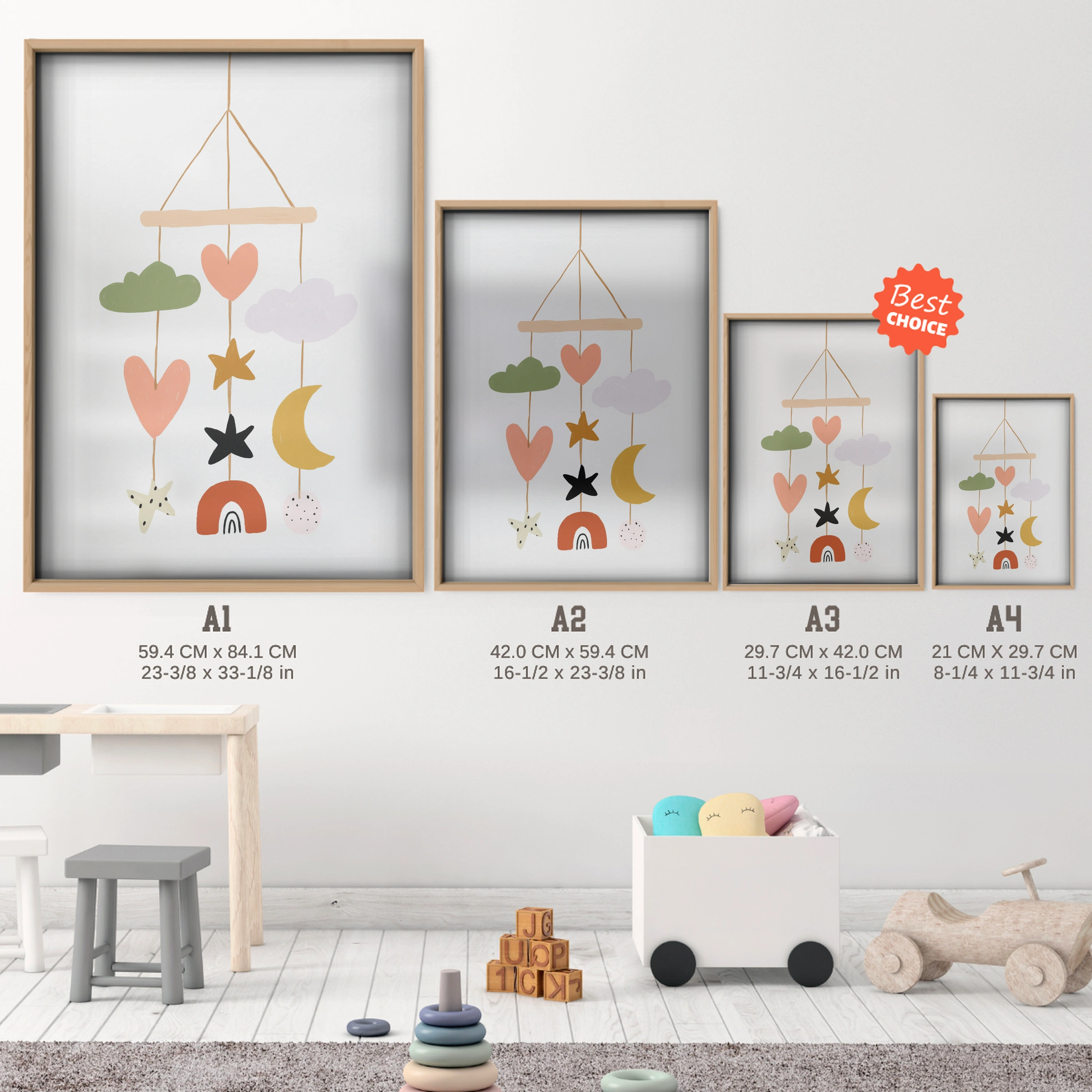 Baby Mobile Nursery Print - size guide A4 A3 A2 A1 nursery print