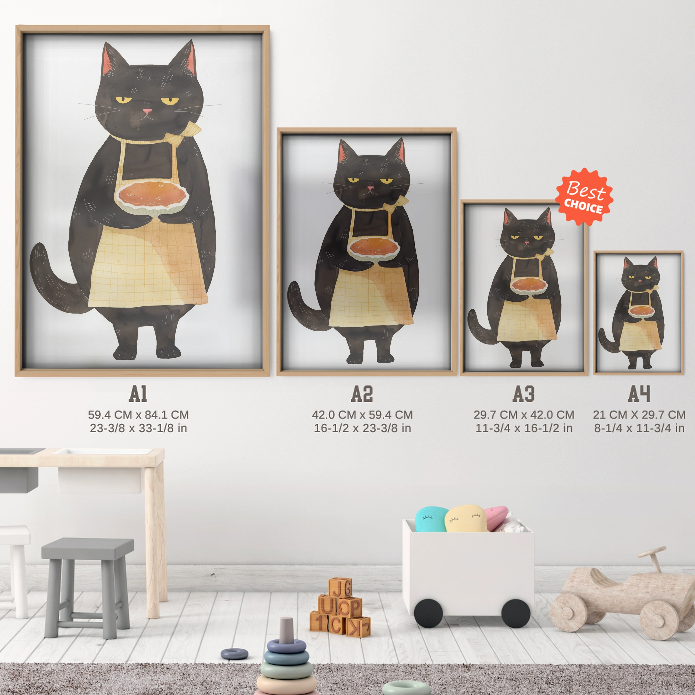 Baking Cat Nursery Print - size guide A4 A3 A2 A1 nursery print