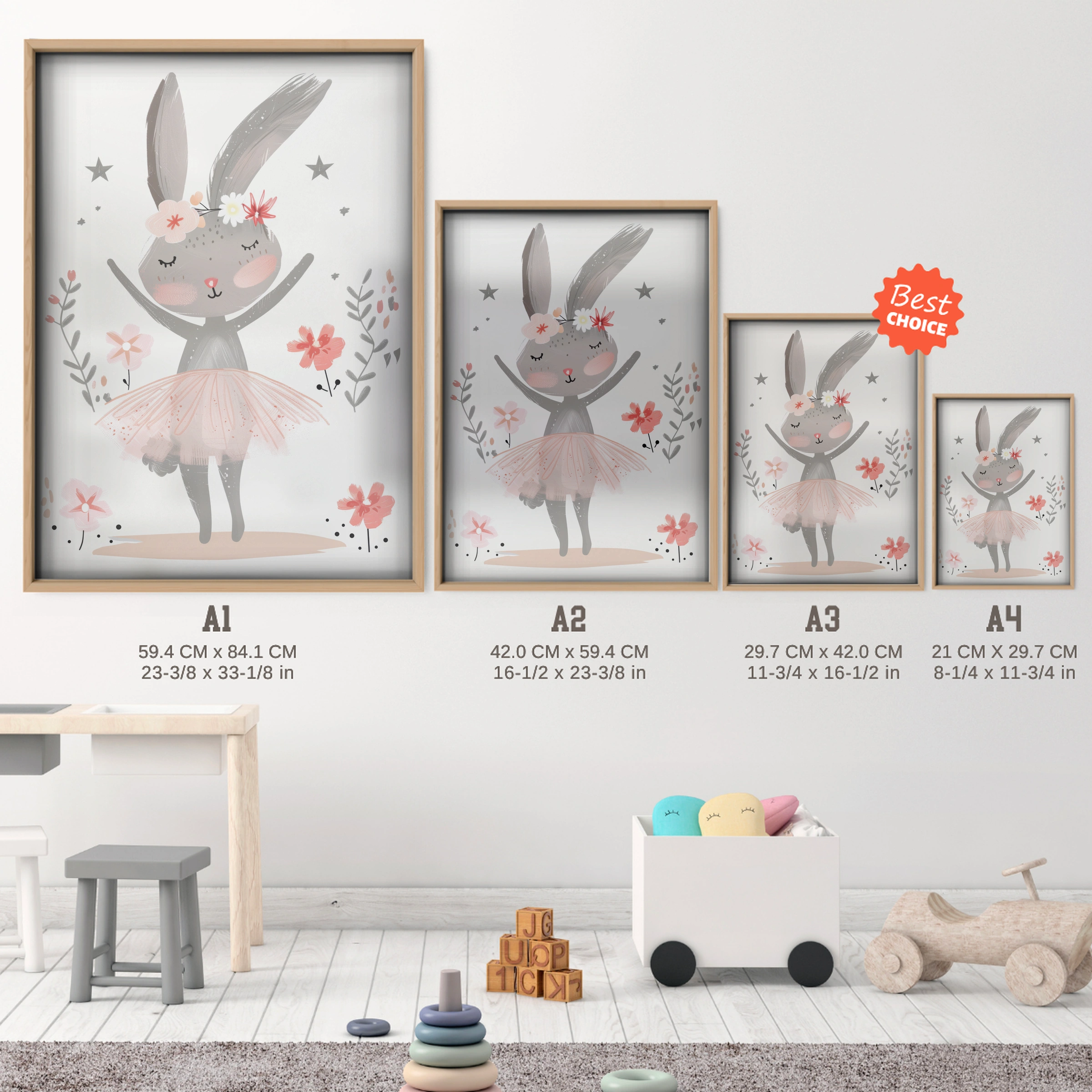 Ballerina Bunny Nursery Print - size guide A4 A3 A2 A1 nursery print