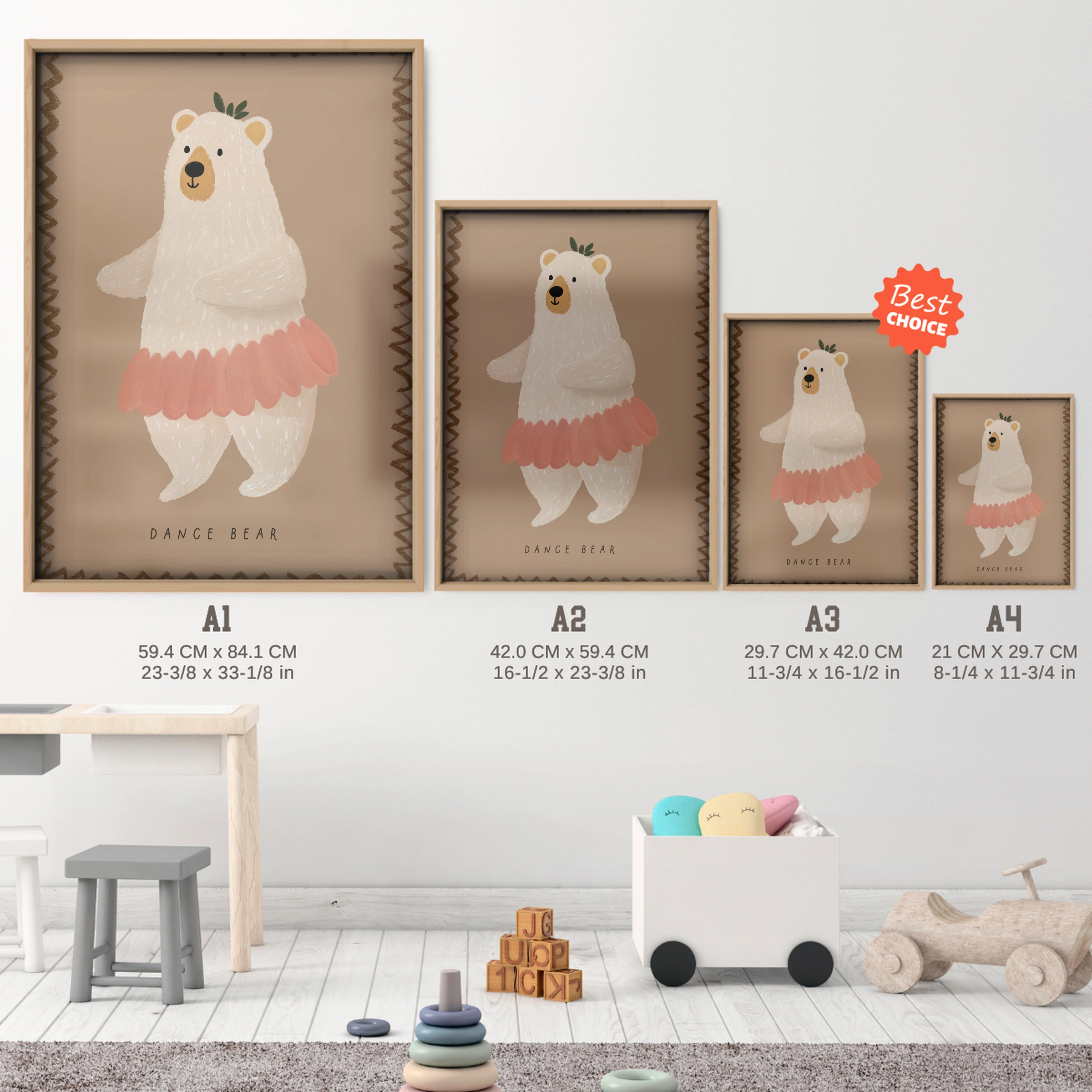 Ballerina Llama Nursery Print - size guide A4 A3 A2 A1 nursery print