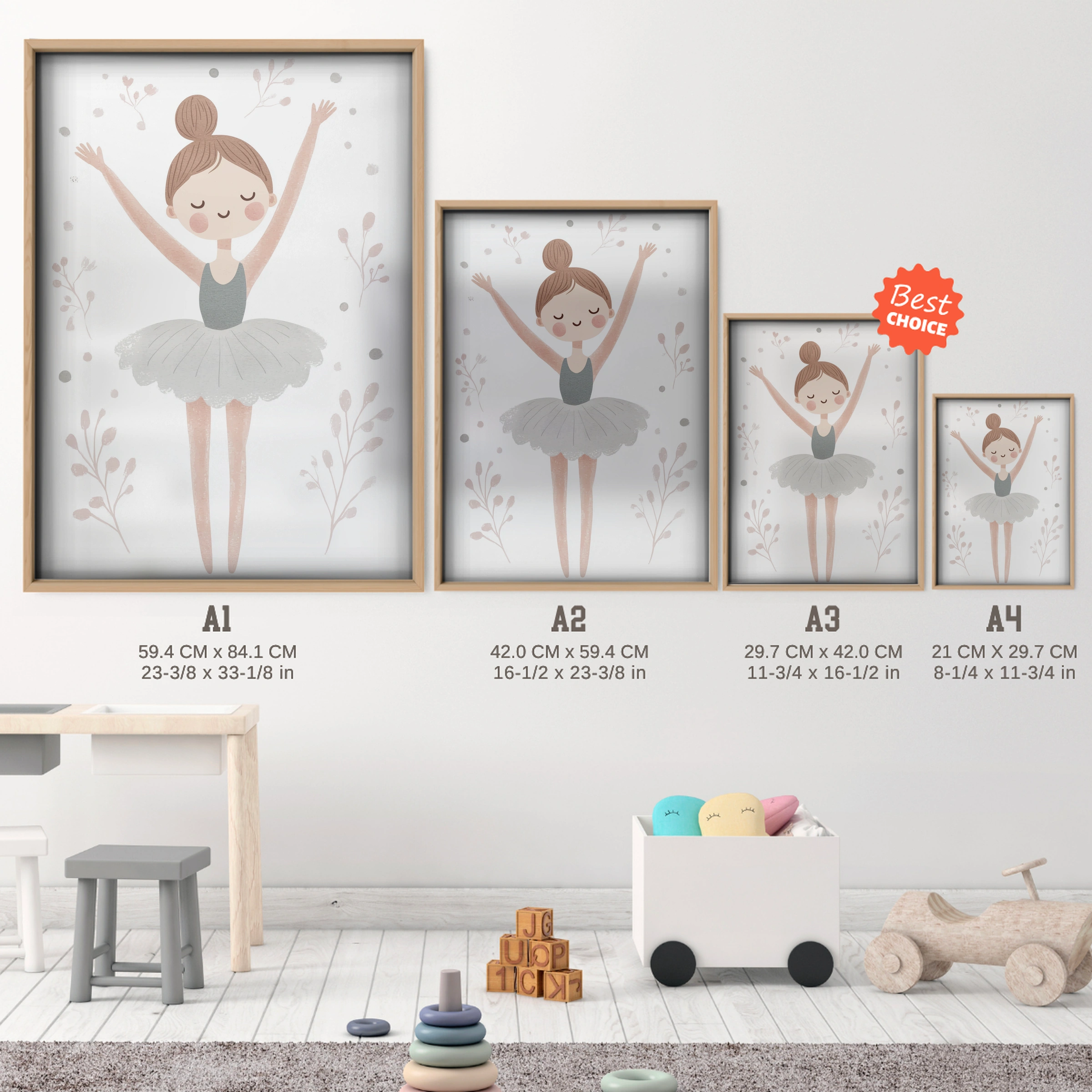 Ballerina Mouse Nursery Print - size guide A4 A3 A2 A1 nursery print