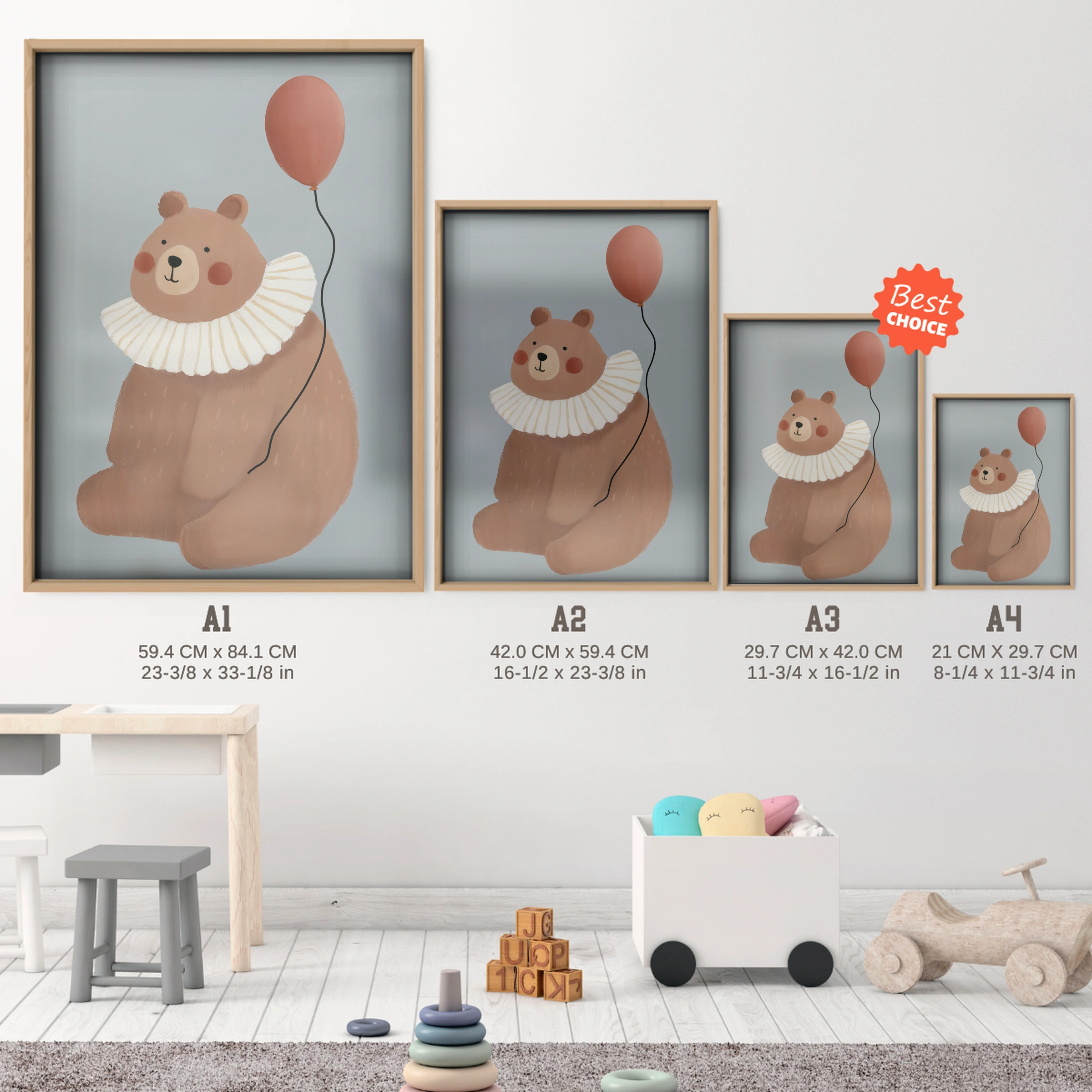 Balloon Bear Nursery Print - size guide A4 A3 A2 A1 nursery print