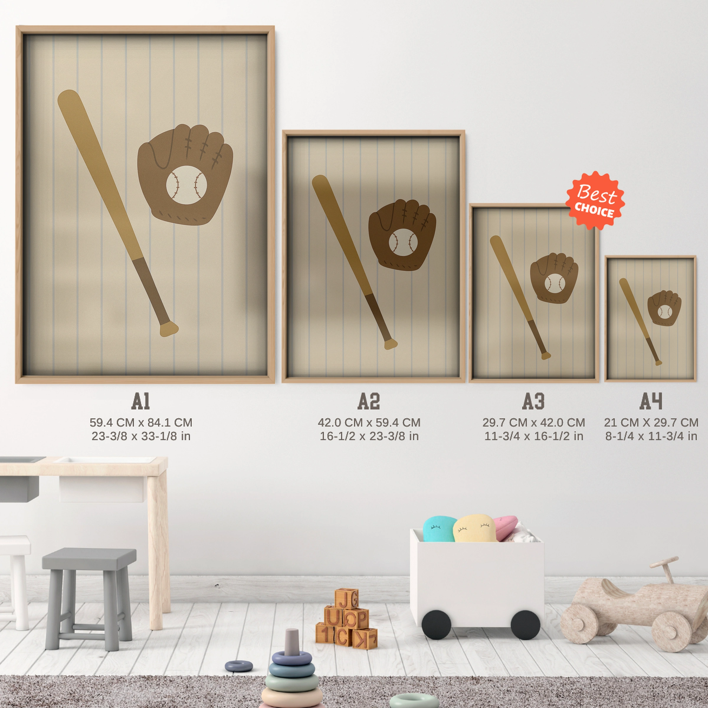 Baseball Bat and Glove Nursery Print - size guide A4 A3 A2 A1 nursery print