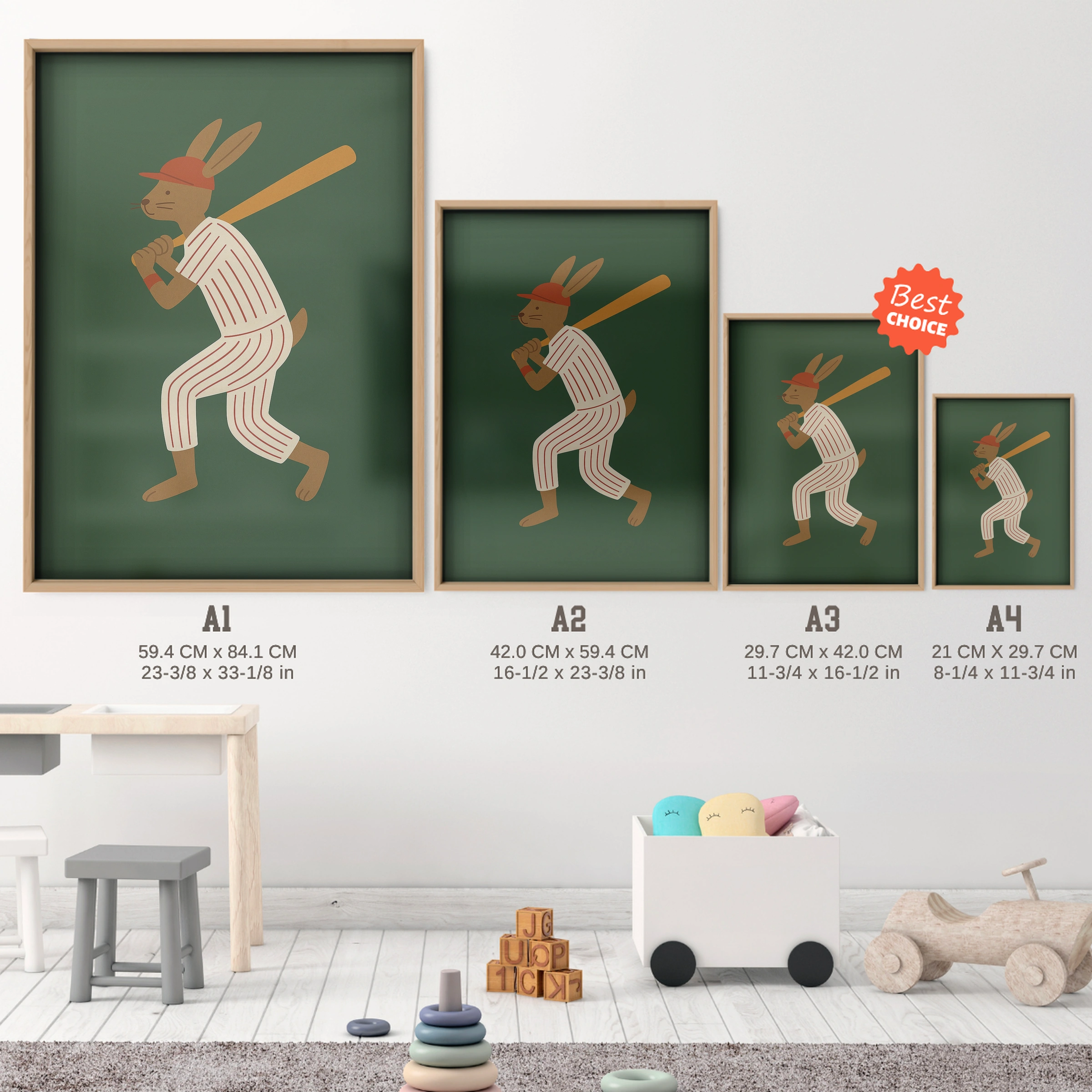 Baseball Batter Rabbit Nursery Print - size guide A4 A3 A2 A1 nursery print