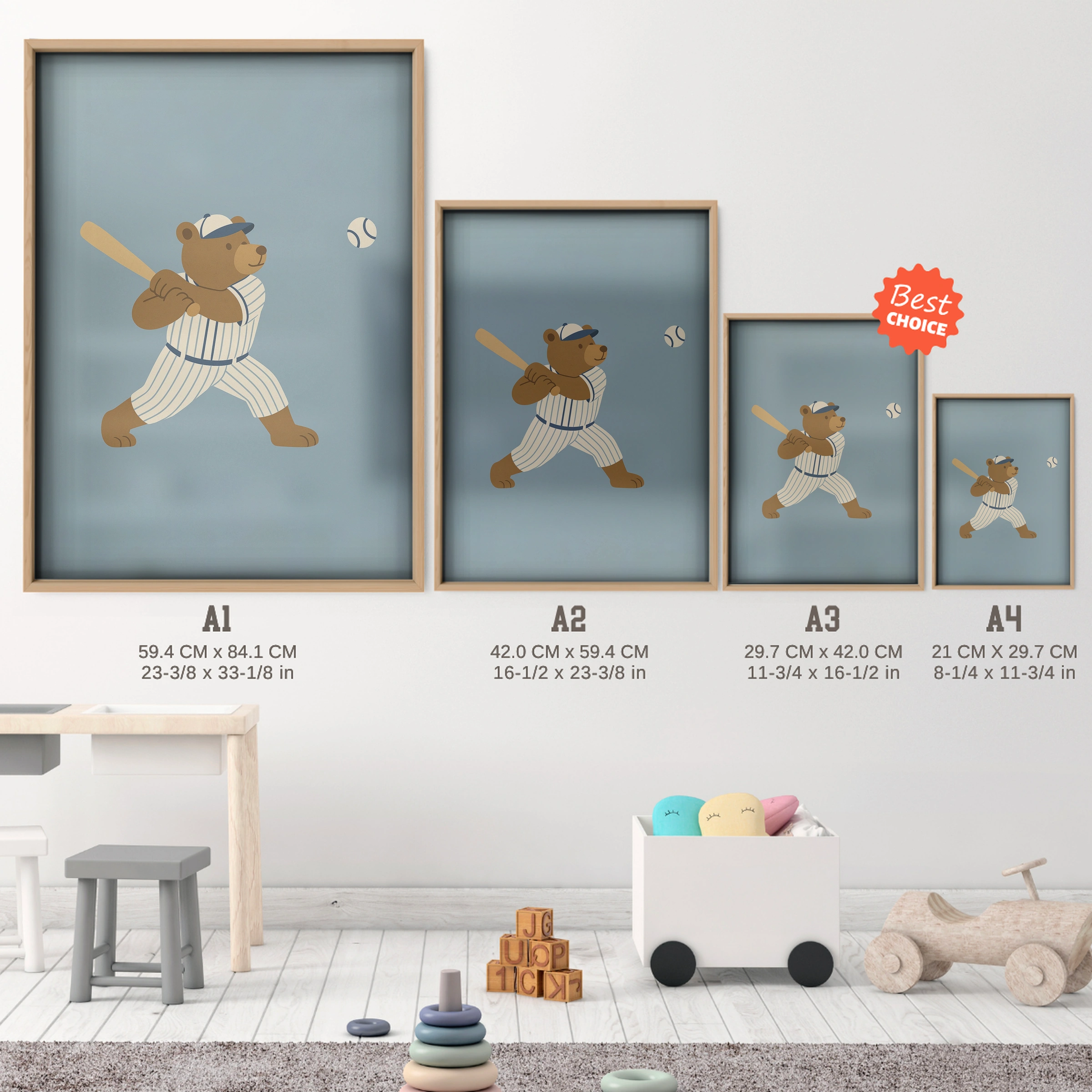 Baseball Bear Nursery Print - size guide A4 A3 A2 A1 nursery print
