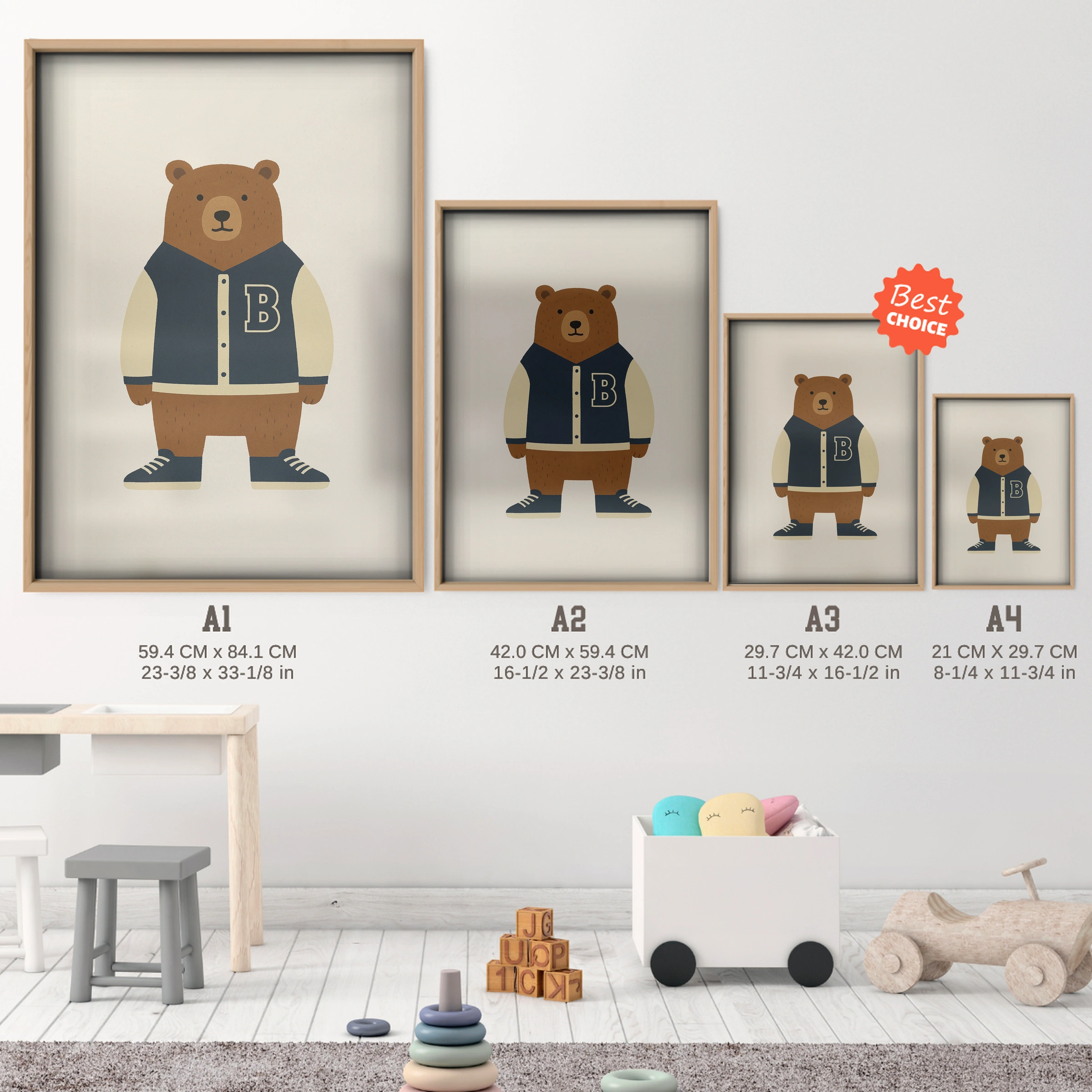 Baseball Bear Two Nursery Print - size guide A4 A3 A2 A1 nursery print