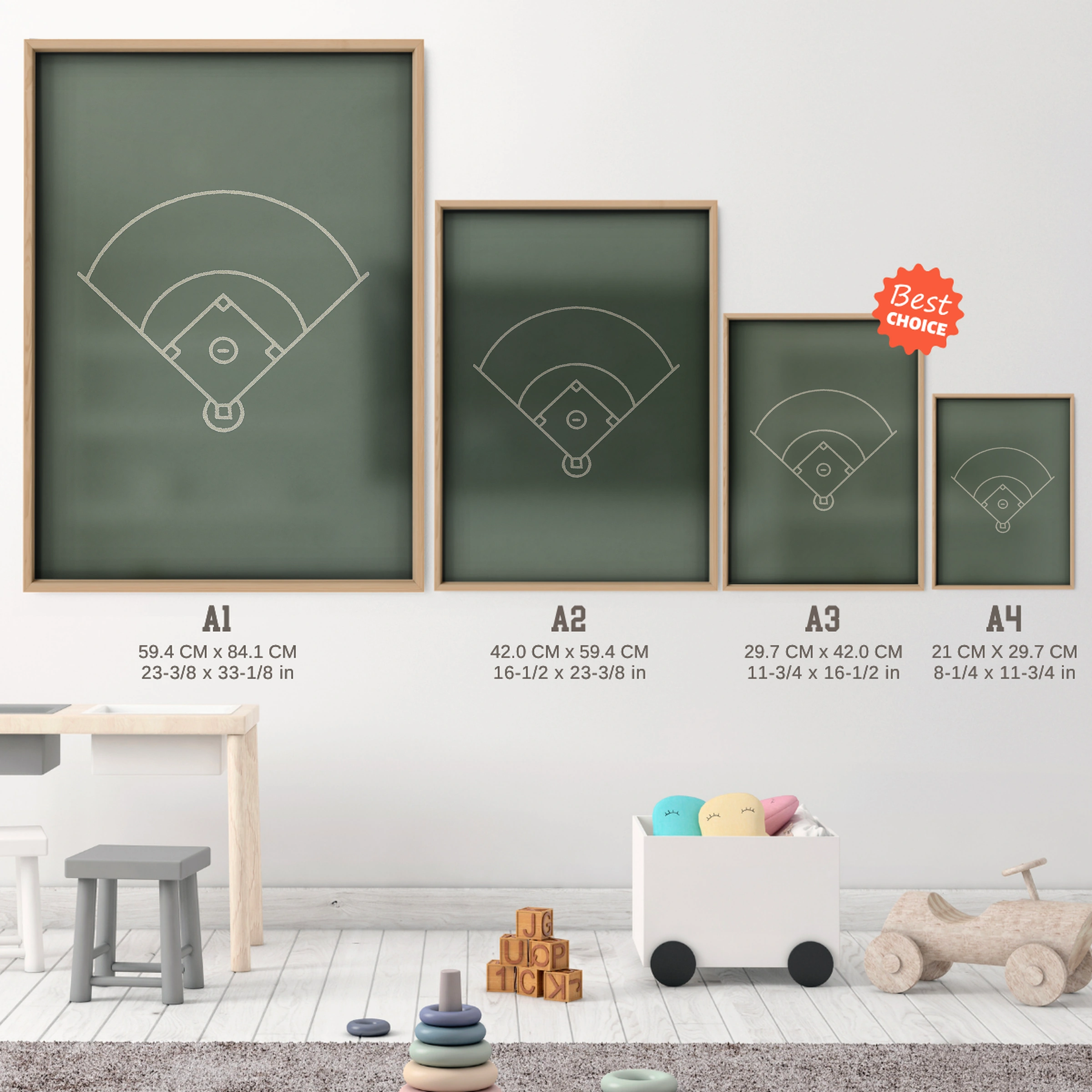 Baseball Diamond Nursery Print - size guide A4 A3 A2 A1 nursery print