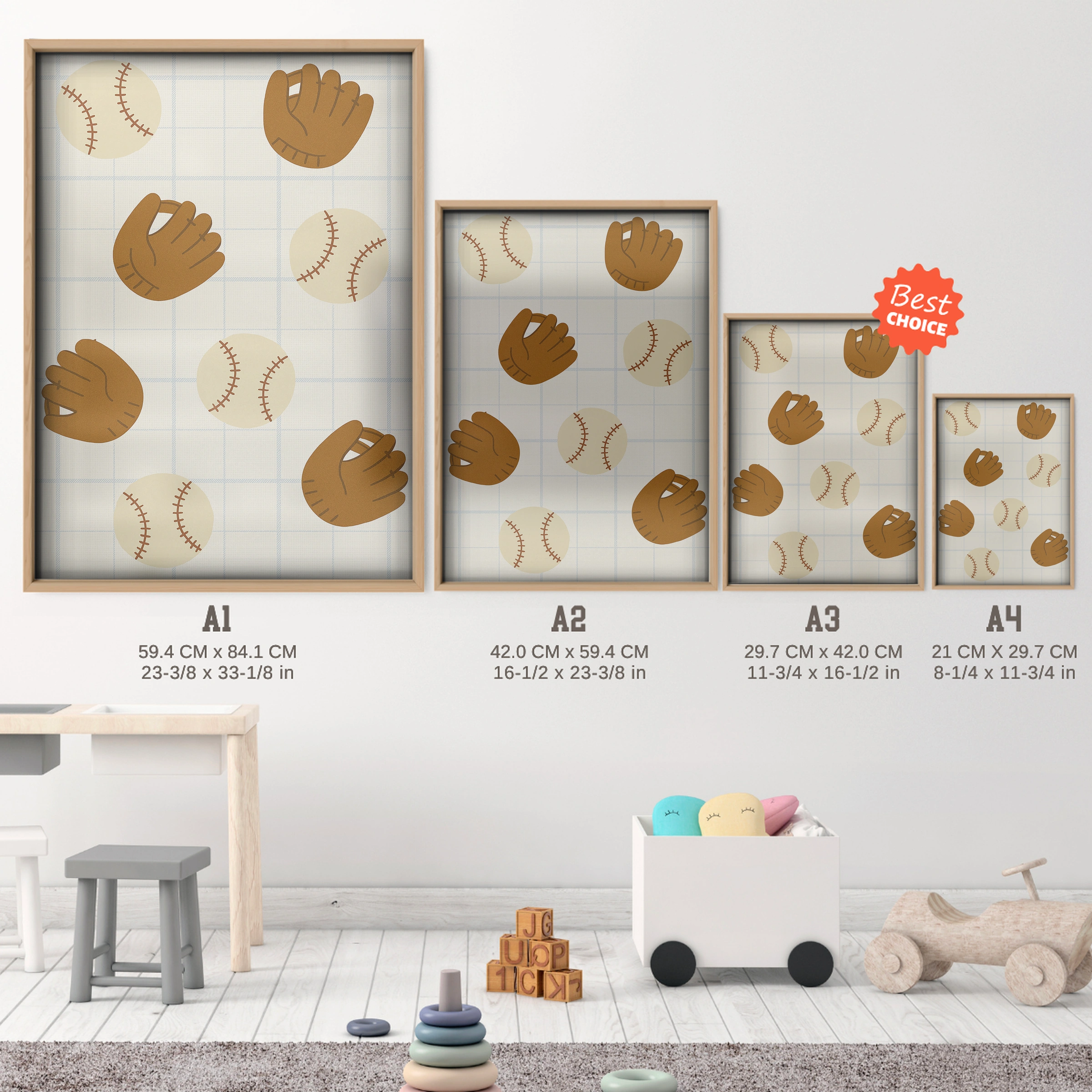 Baseball Gloves Pattern Nursery Print - size guide A4 A3 A2 A1 nursery print