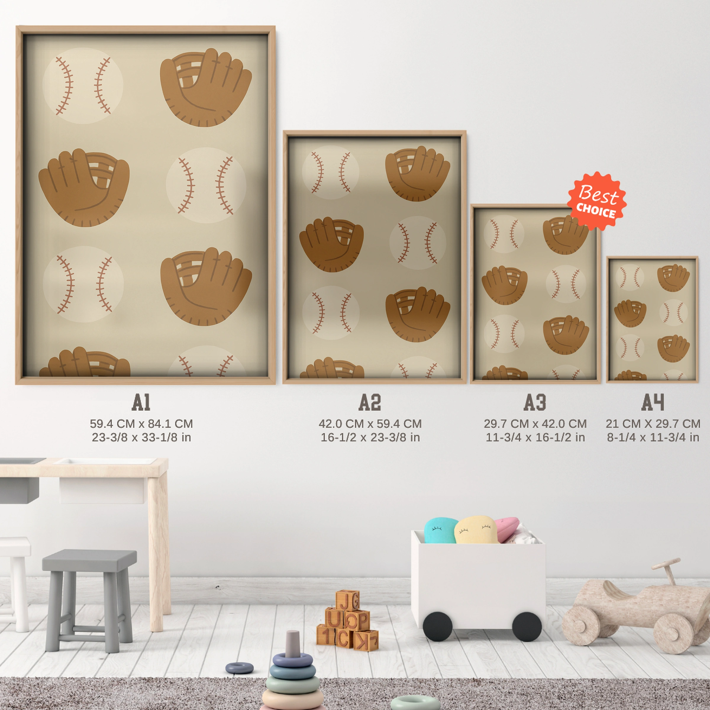 Baseball Gloves Pattern Two Nursery Print - size guide A4 A3 A2 A1 nursery print