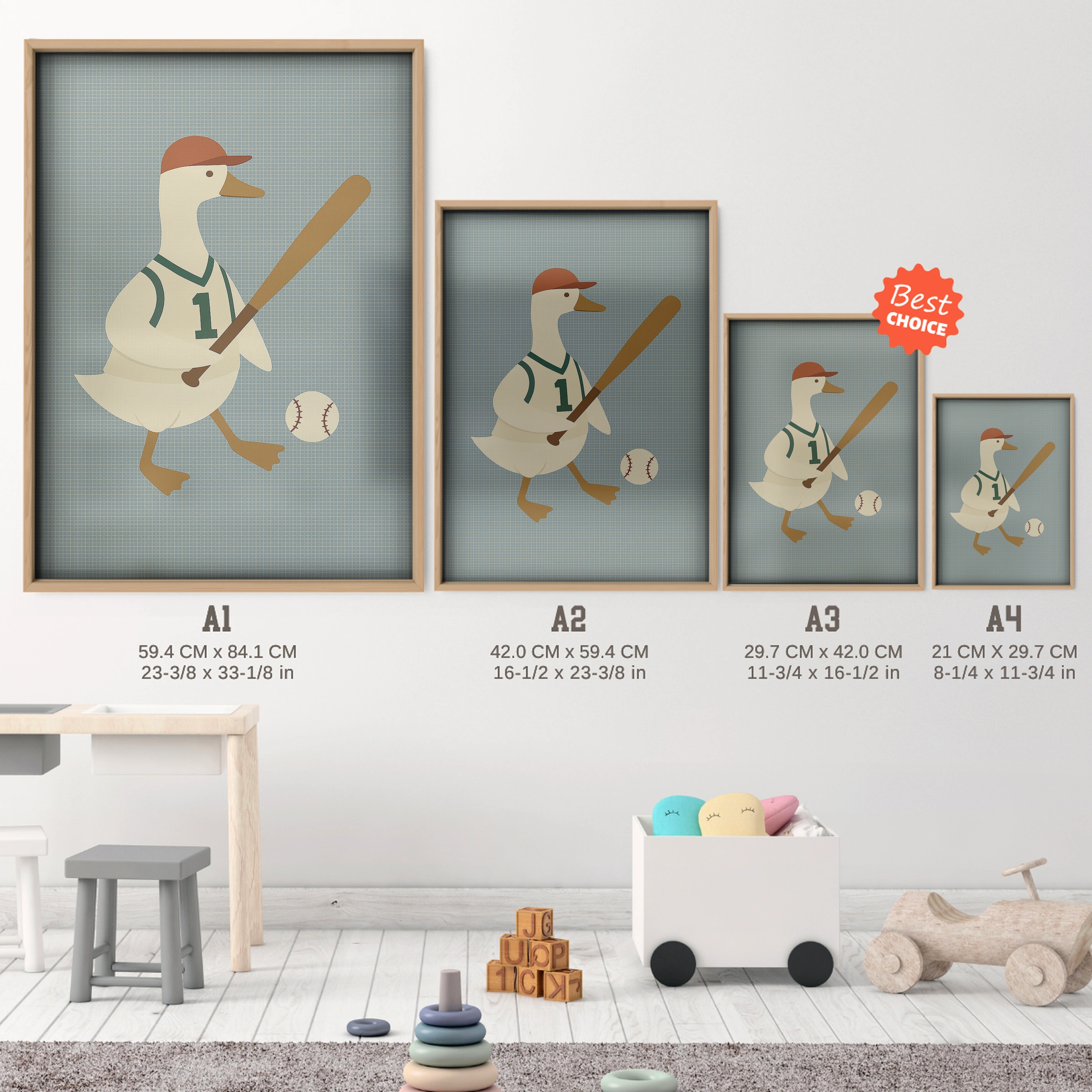 Baseball Goose Batter Nursery Print - size guide A4 A3 A2 A1 nursery print