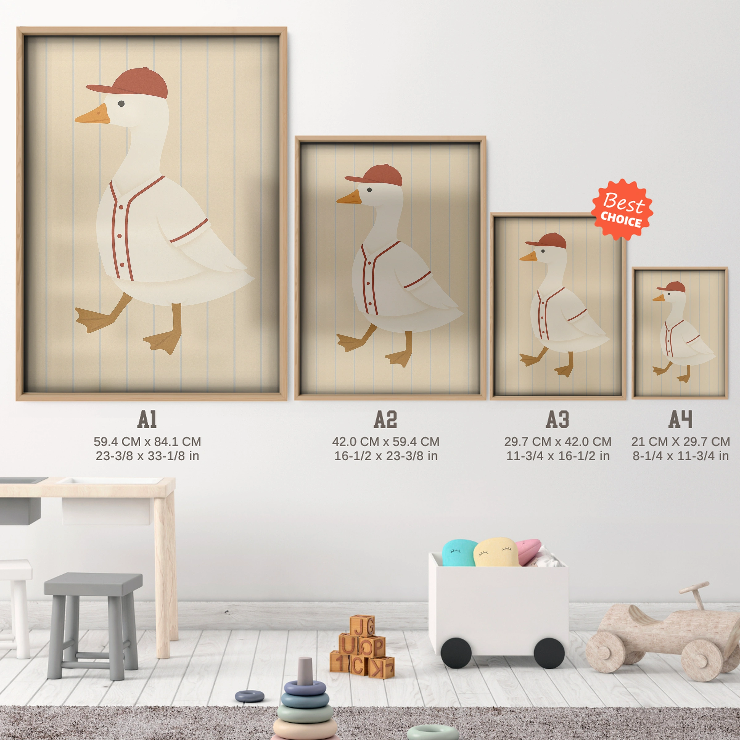 Baseball Goose Nursery Print - size guide A4 A3 A2 A1 nursery print