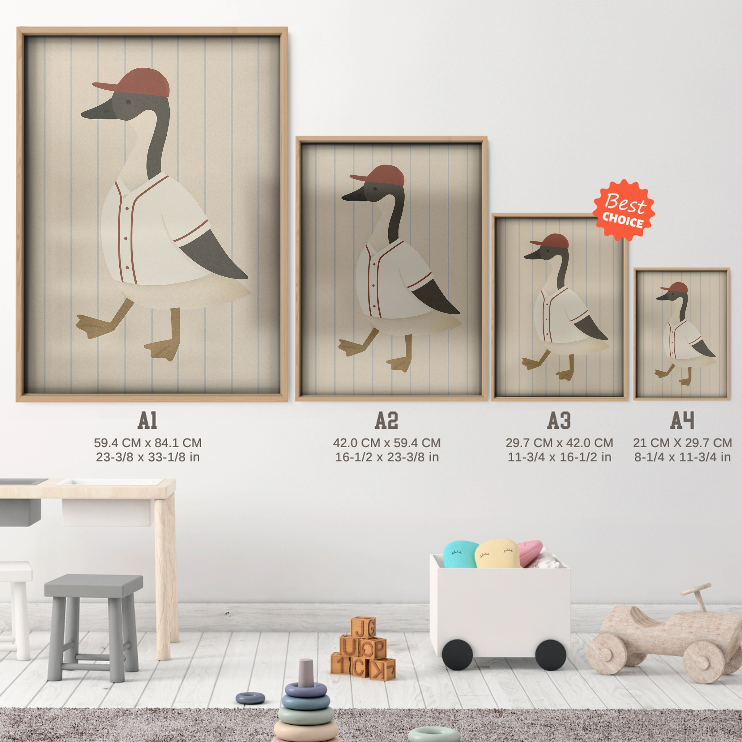 Baseball Goose Two Nursery Print - size guide A4 A3 A2 A1 nursery print
