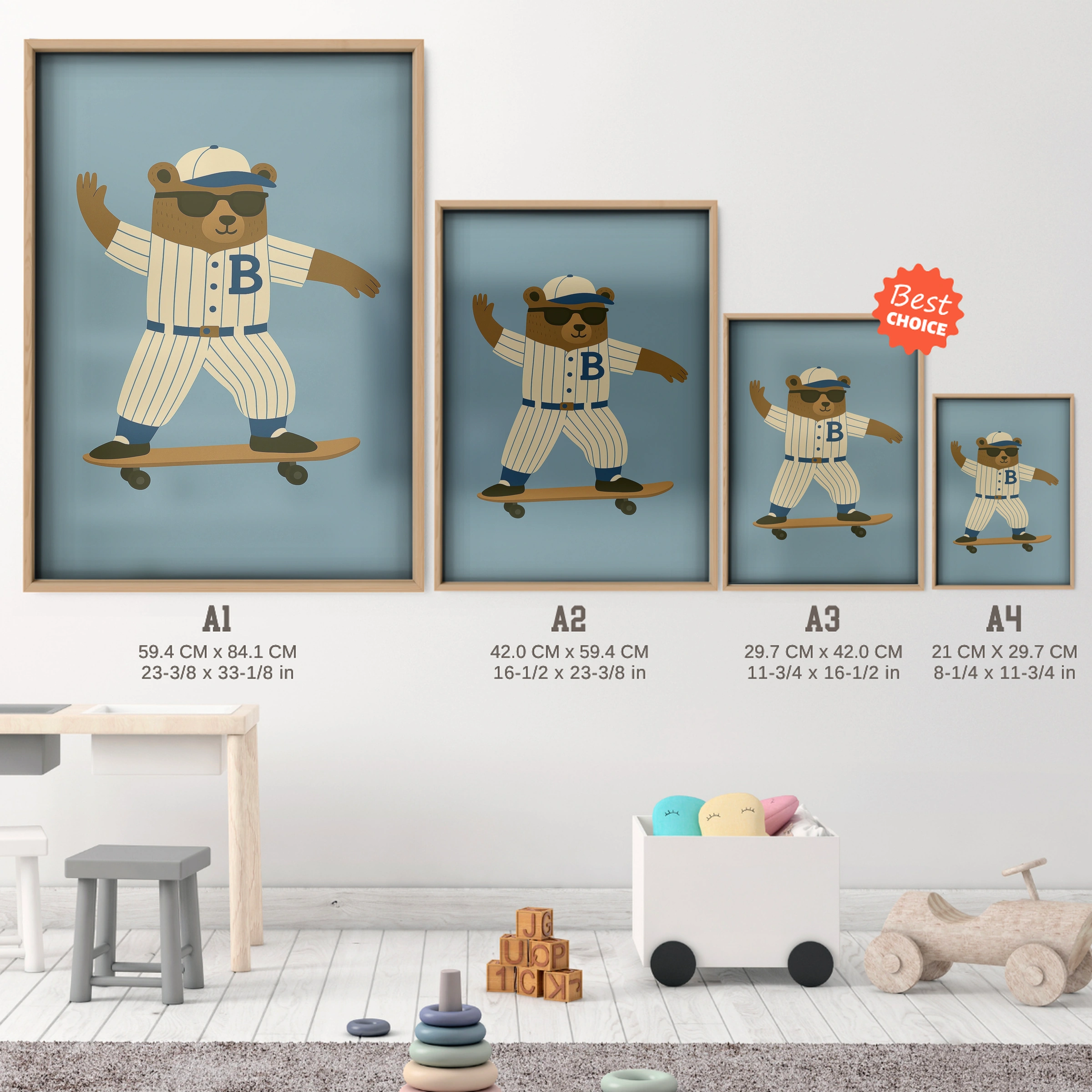 Baseball Skater Bear Nursery Print - size guide A4 A3 A2 A1 nursery print