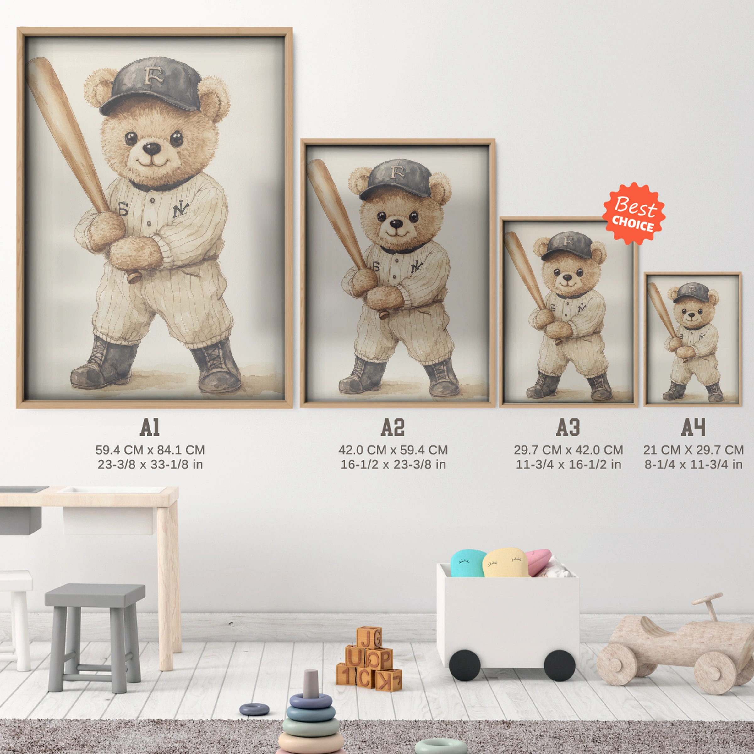 Baseball Teddy Bear Nursery Print - size guide A4 A3 A2 A1 nursery print