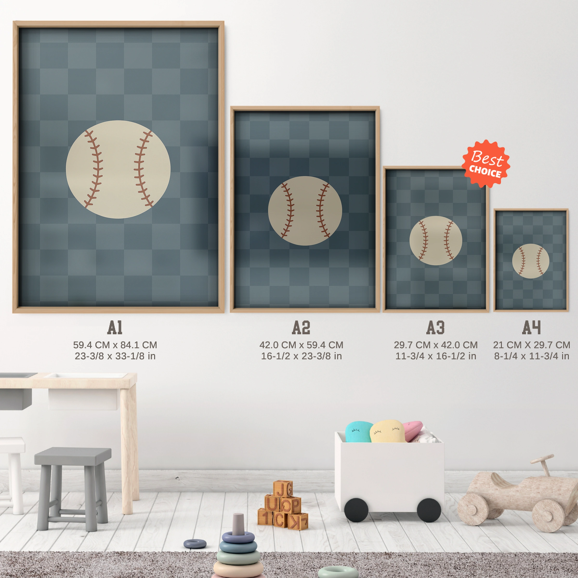 Baseball Three Nursery Print - size guide A4 A3 A2 A1 nursery print