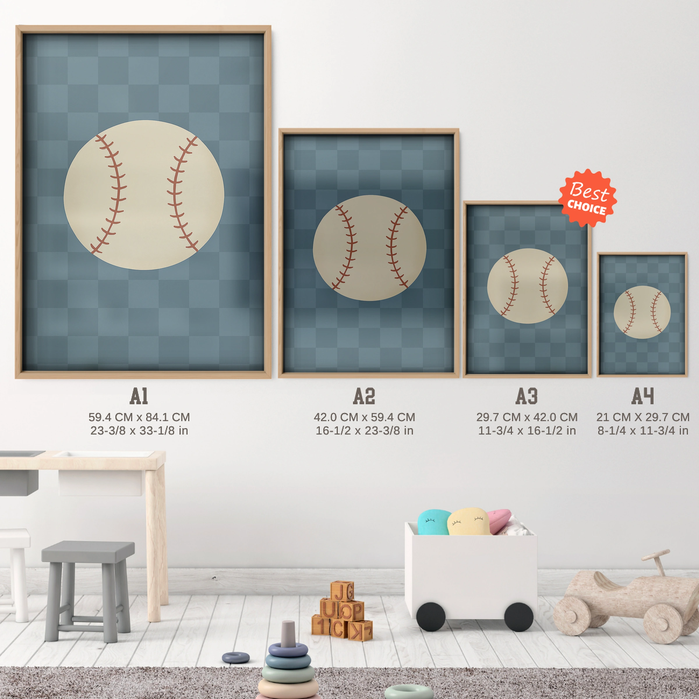 Baseball Two Nursery Print - size guide A4 A3 A2 A1 nursery print