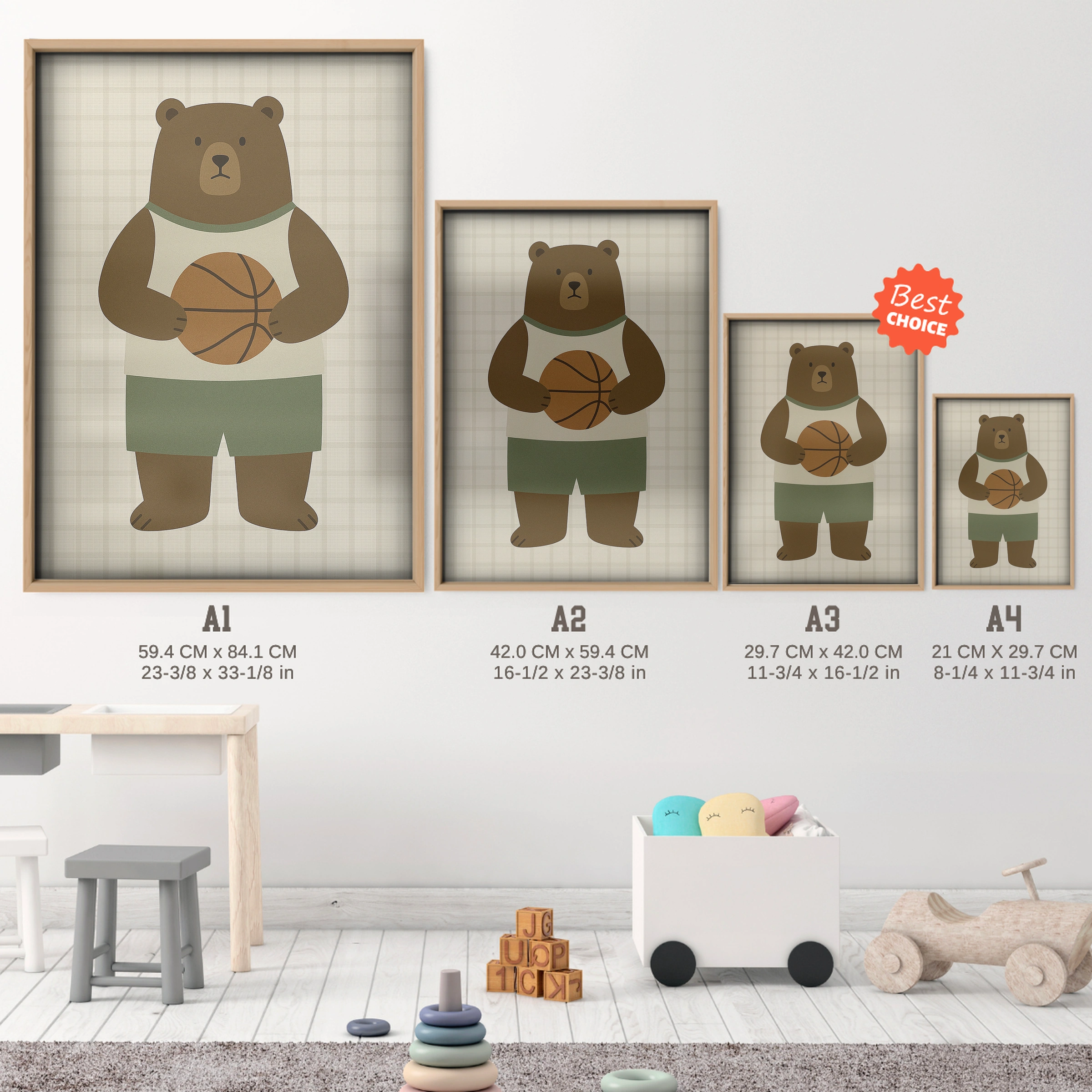 Basketball Bear Nursery Print - size guide A4 A3 A2 A1 nursery print