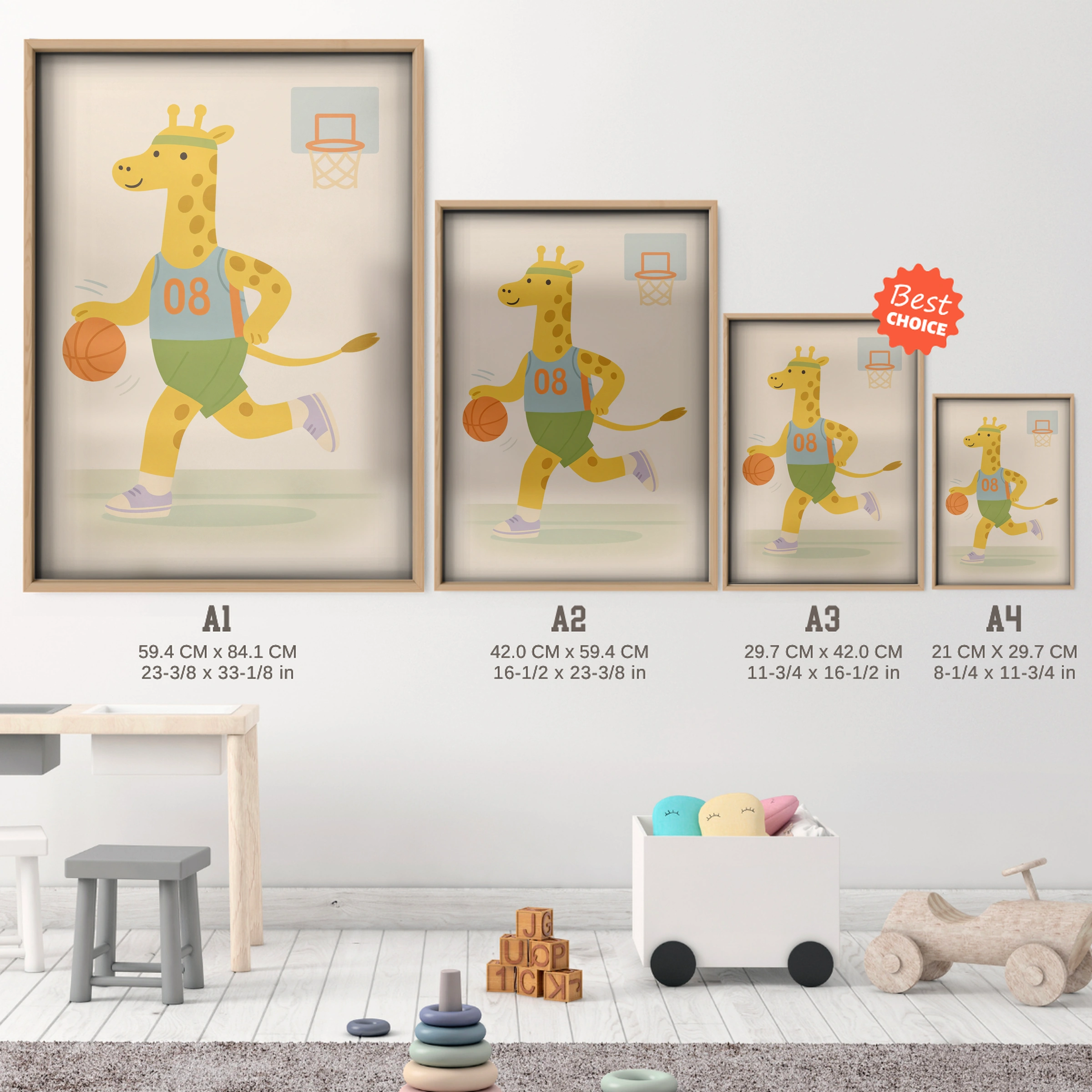 Basketball Giraffe Nursery Print - size guide A4 A3 A2 A1 nursery print