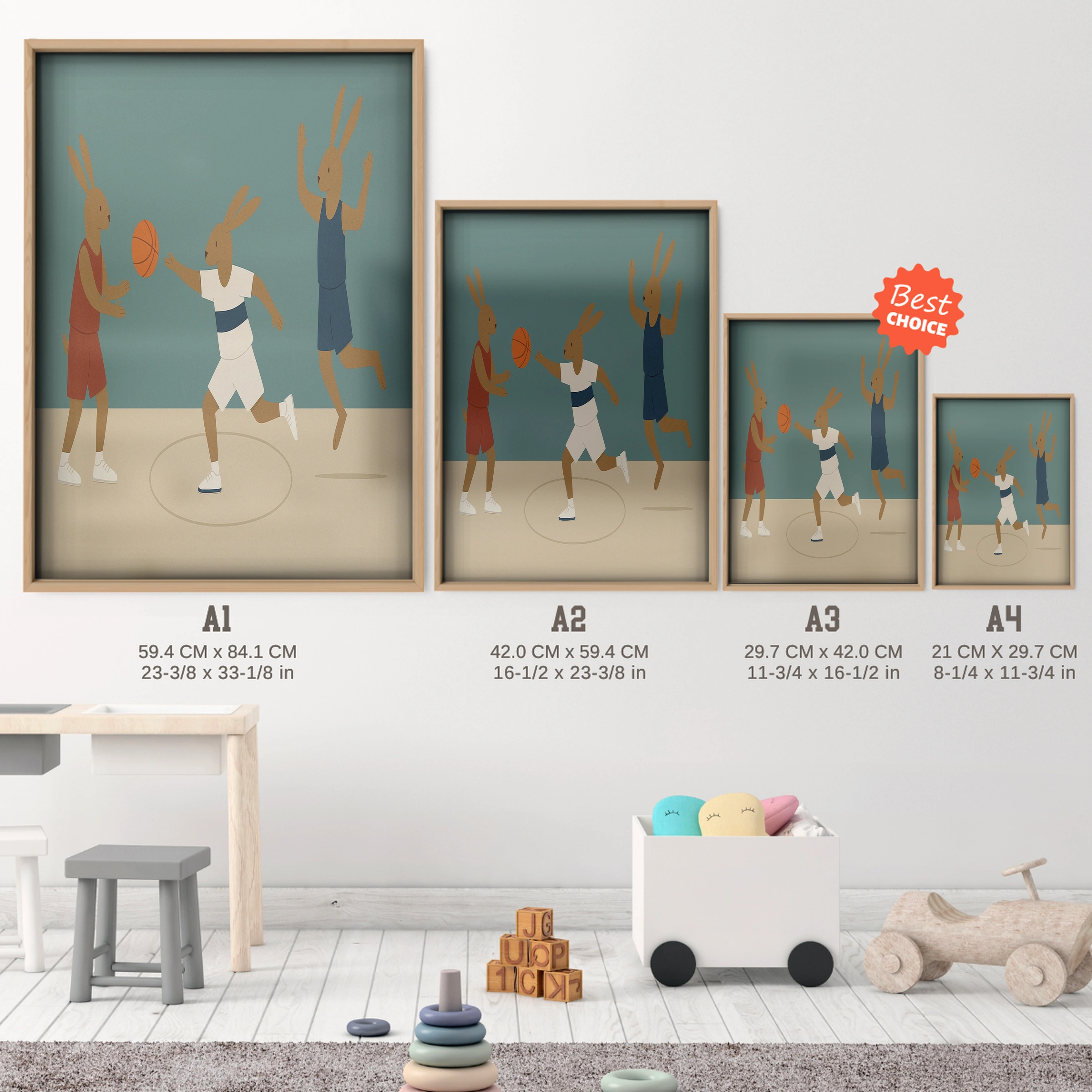 Basketball Players Nursery Print - size guide A4 A3 A2 A1 nursery print