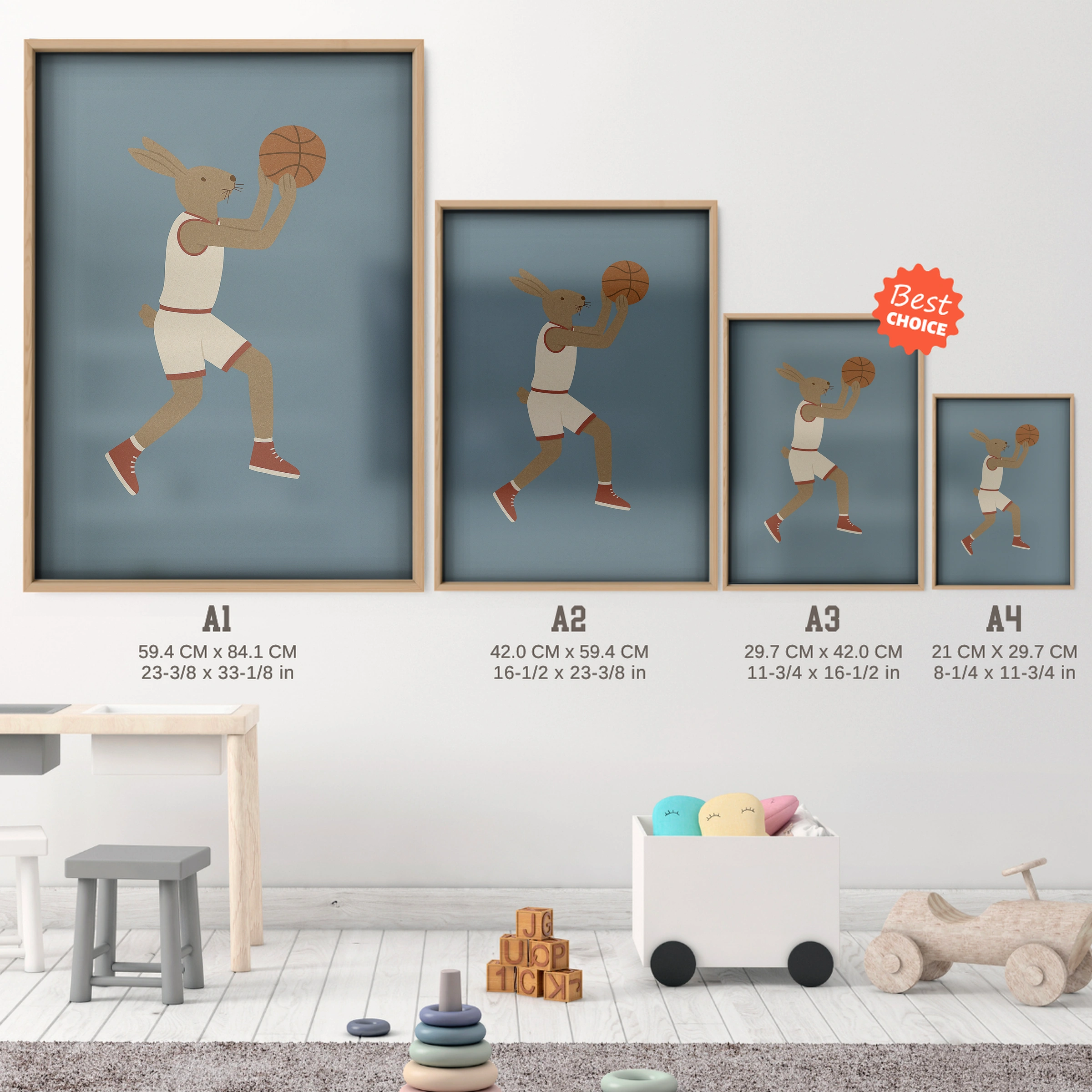 Basketball Rabbit Four Nursery Print - size guide A4 A3 A2 A1 nursery print