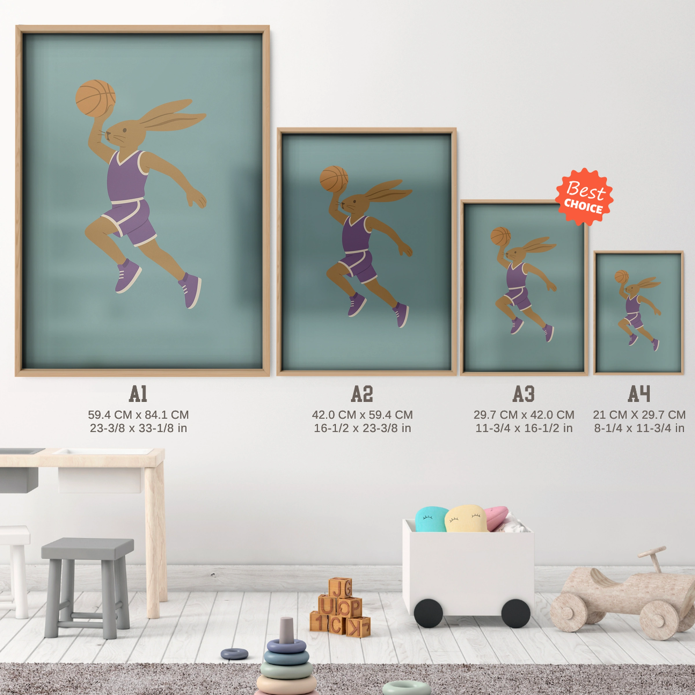 Basketball Rabbit Nursery Print - size guide A4 A3 A2 A1 nursery print